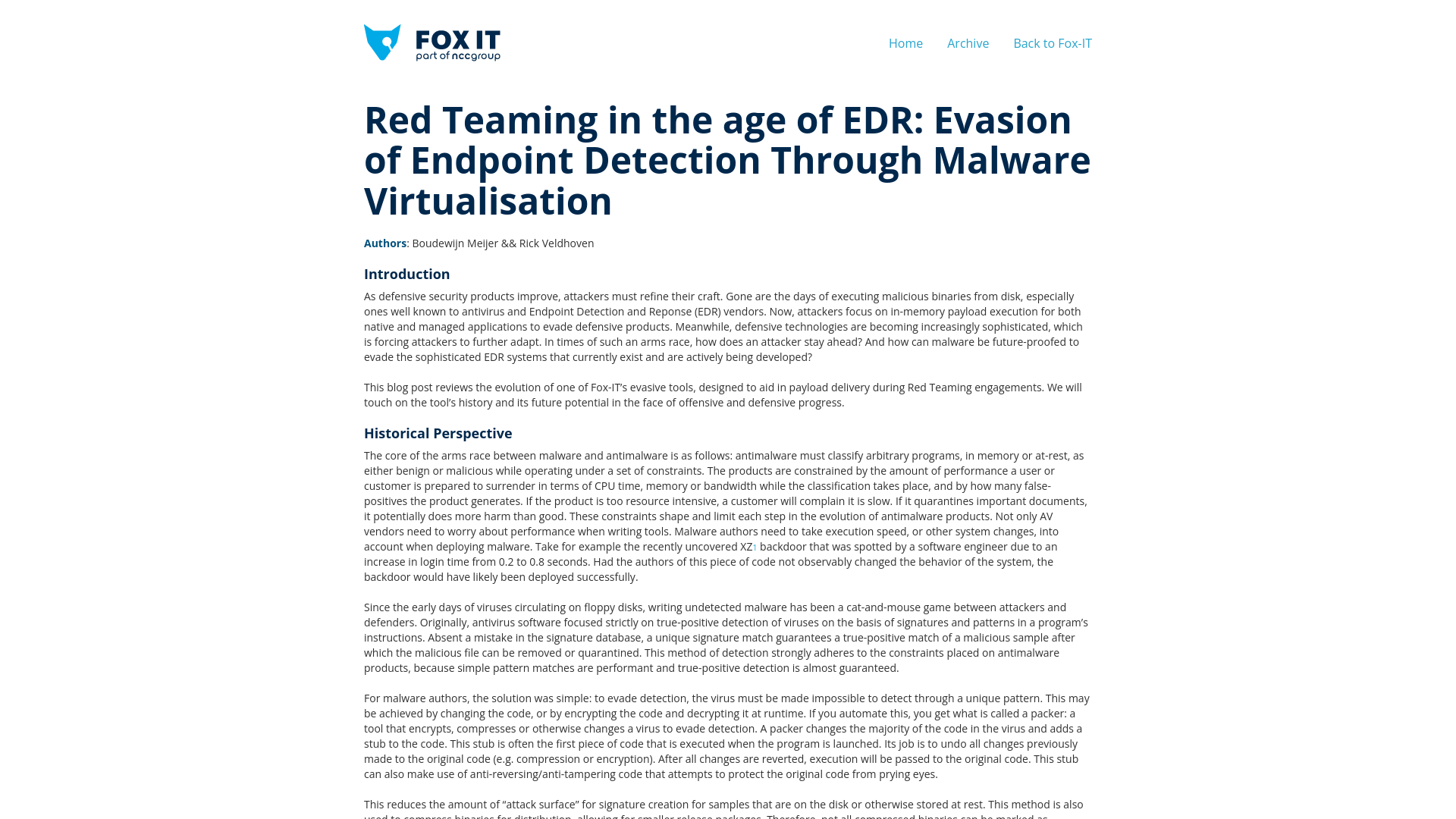 Red Teaming in the age of EDR: Evasion of Endpoint Detection Through Malware Virtualisation – Fox-IT International blog