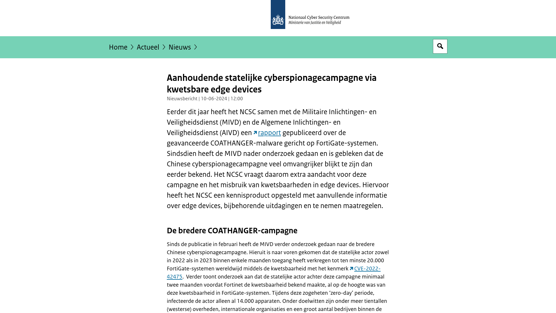 Aanhoudende statelijke cyberspionagecampagne via kwetsbare edge devices | Nieuwsbericht | Nationaal Cyber Security Centrum