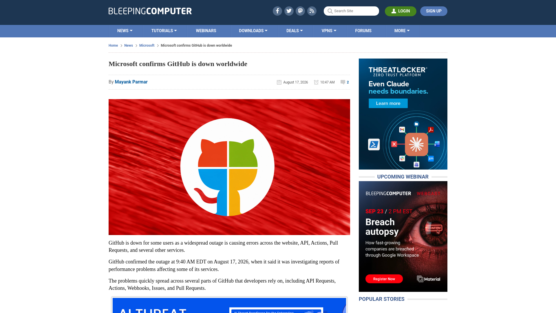 Microsoft confirms GitHub is down worldwide