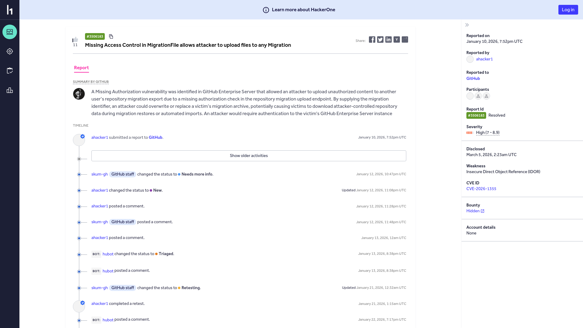 GitHub | Report #3506183 - Missing Access Control in MigrationFile allows attacker to upload files to any Migration | HackerOne