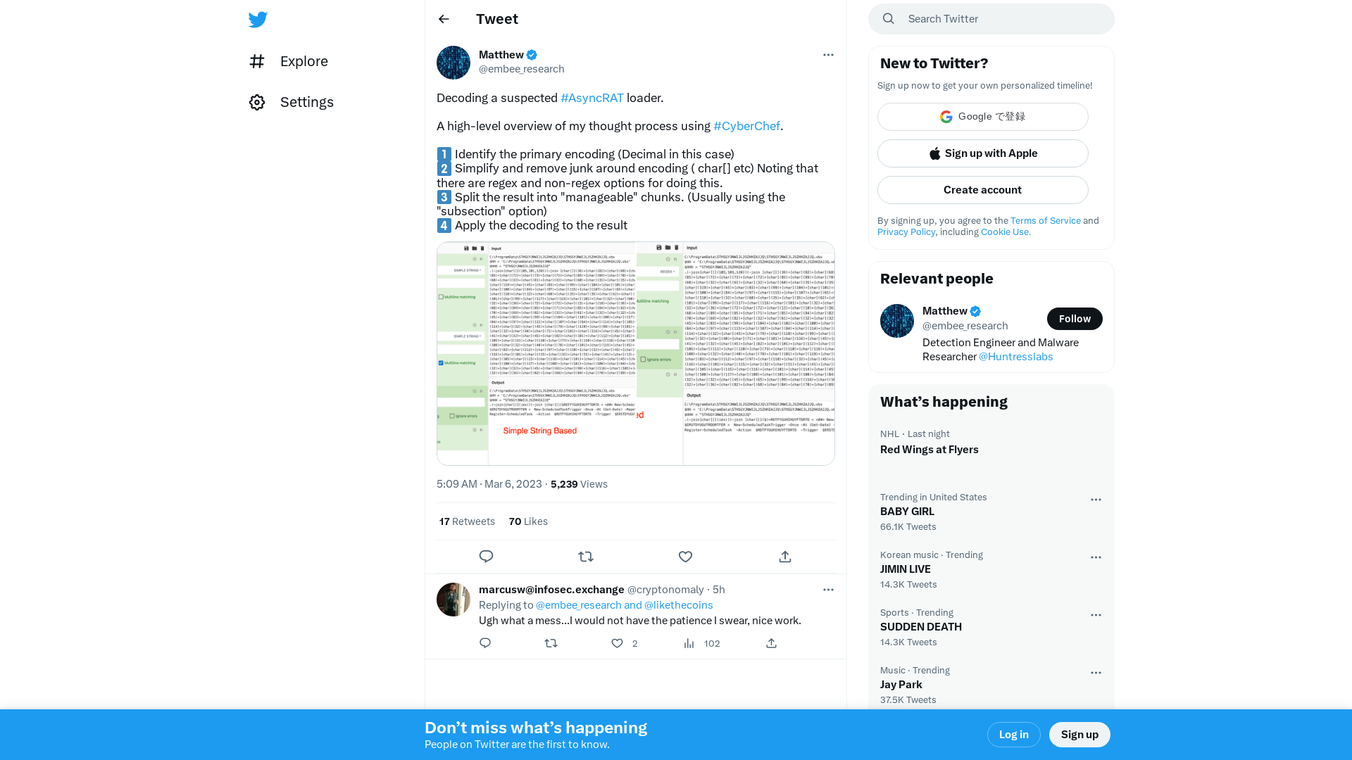 Matthew on Twitter: "Decoding a suspected #AsyncRAT loader. A high-level overview of my thought process using #CyberChef. 1⃣ Identify the primary encoding (Decimal in this case) 2⃣ Simplify and remove junk around encoding ( char[] etc) Noting that there are regex and non-regex options for doing… https://t.co/YXGvl1W3D8" / Twitter