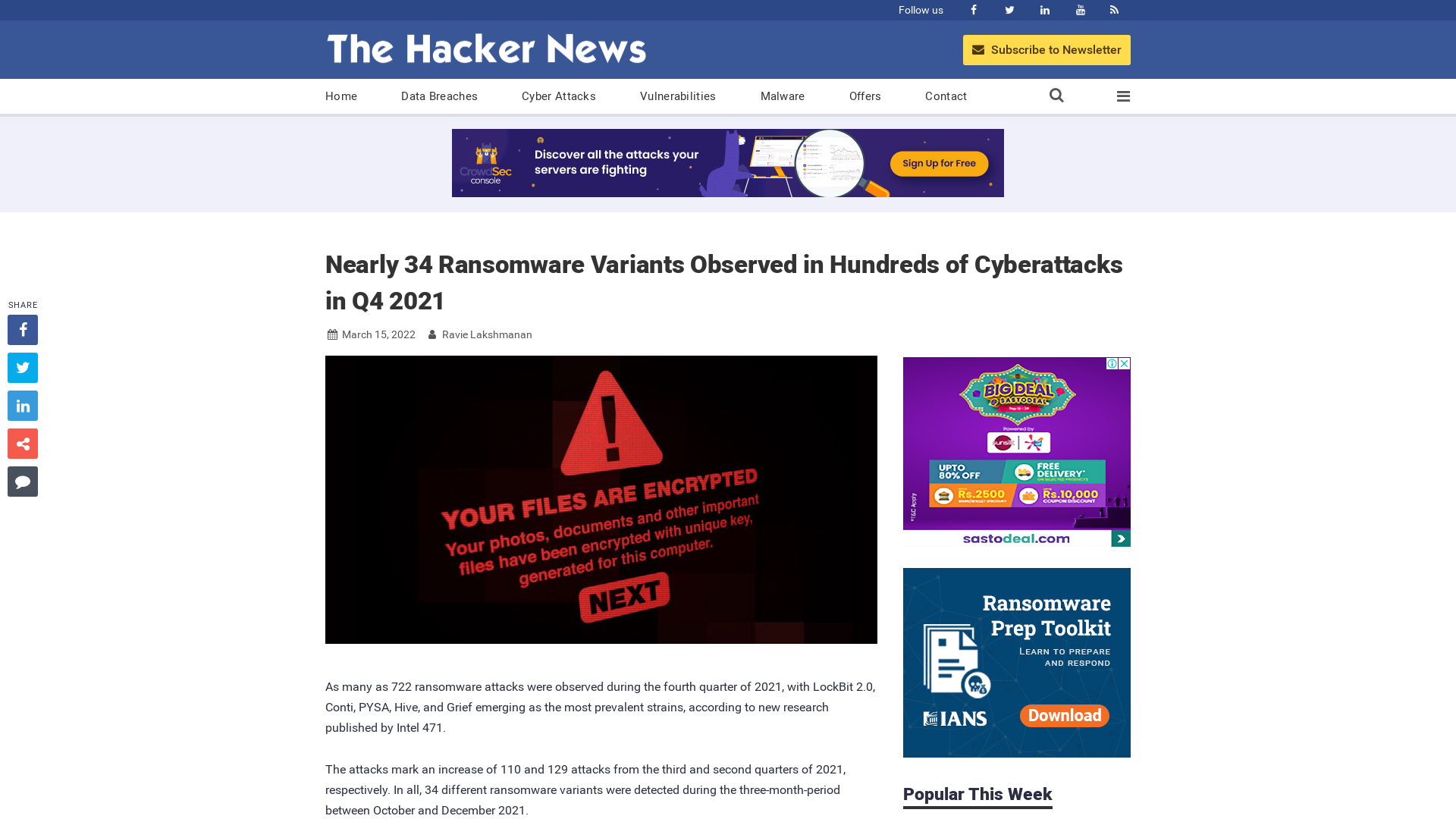 Nearly 34 Ransomware Variants Observed in Hundreds of Cyberattacks in Q4 2021