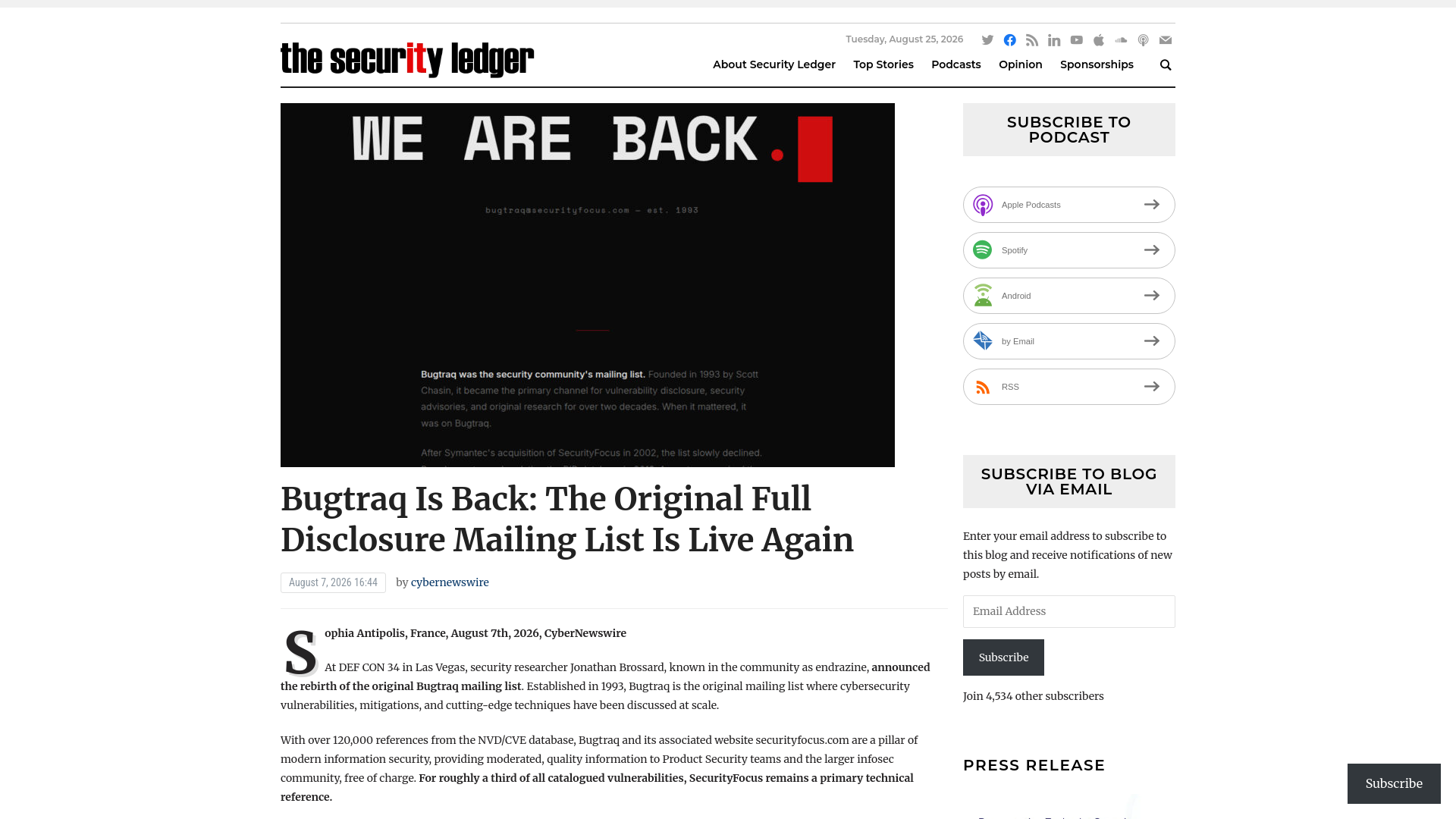 Bugtraq Is Back: The Original Full Disclosure Mailing List Is Live Again | The Security Ledger with Paul F. Roberts