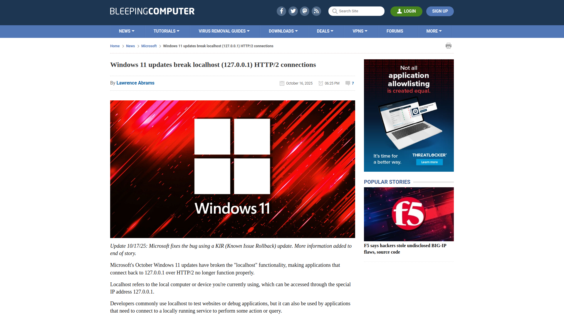 Windows 11 updates break localhost (127.0.0.1) HTTP/2 connections
