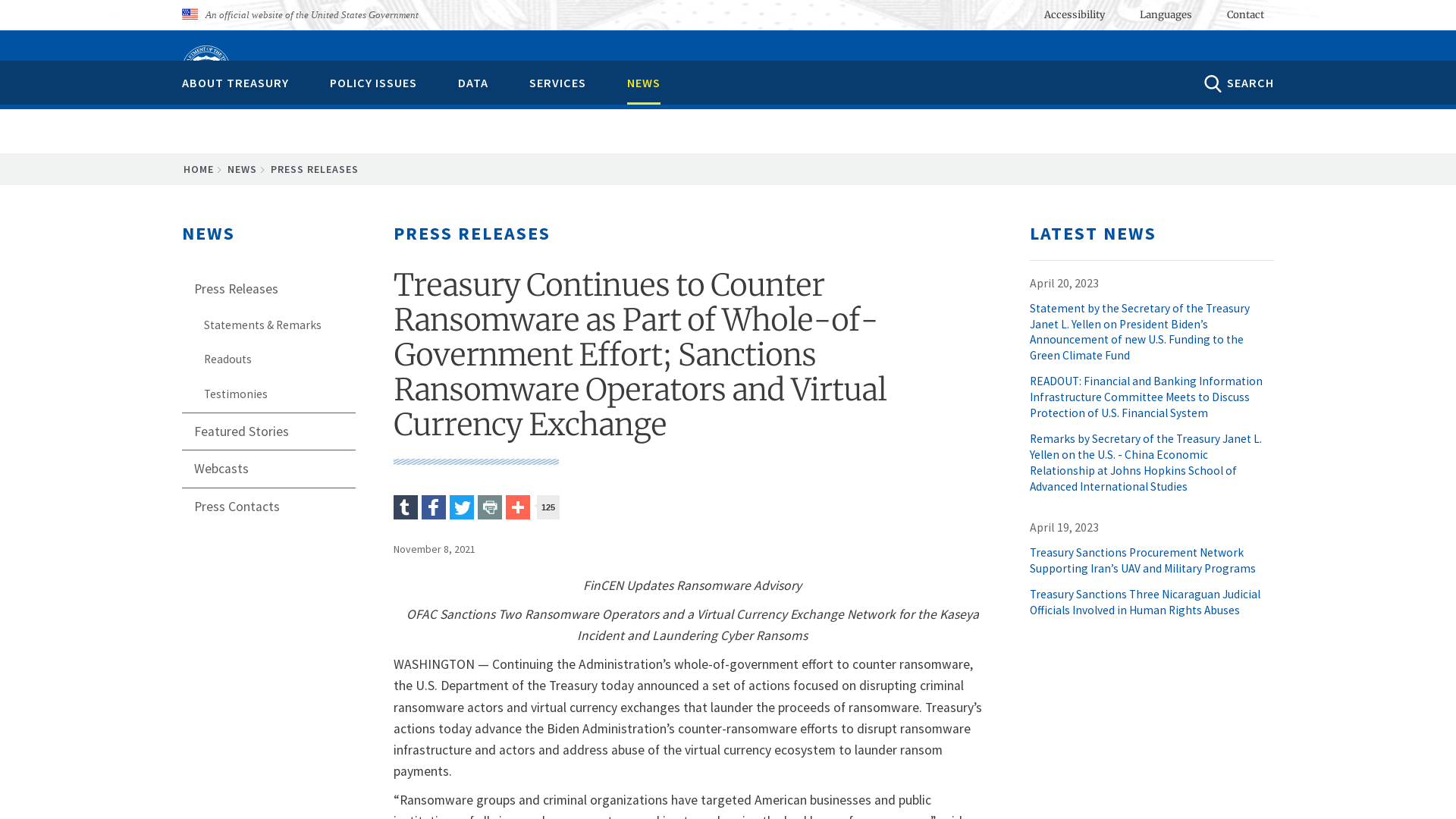 Treasury Continues to Counter Ransomware as Part of Whole-of-Government Effort; Sanctions Ransomware Operators and Virtual Currency Exchange | U.S. Department of the Treasury