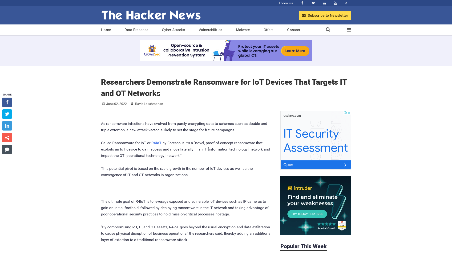 Researchers Demonstrate Ransomware for IoT Devices That Targets IT and OT Networks