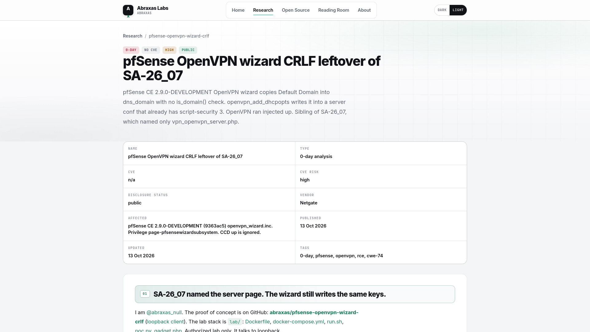 pfSense OpenVPN wizard CRLF leftover of SA-26_07 · Abraxas Labs