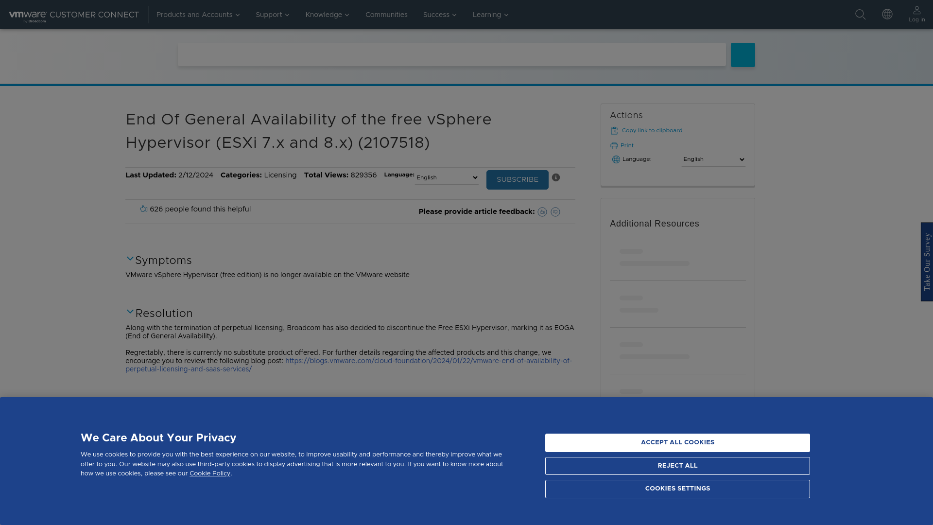 End Of General Availability of the free vSphere Hypervisor (ESXi 7.x and 8.x) (2107518)