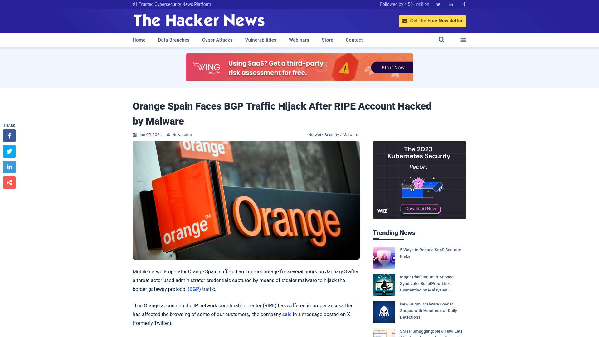 Orange Spain Faces BGP Traffic Hijack After RIPE Account Hacked by Malware