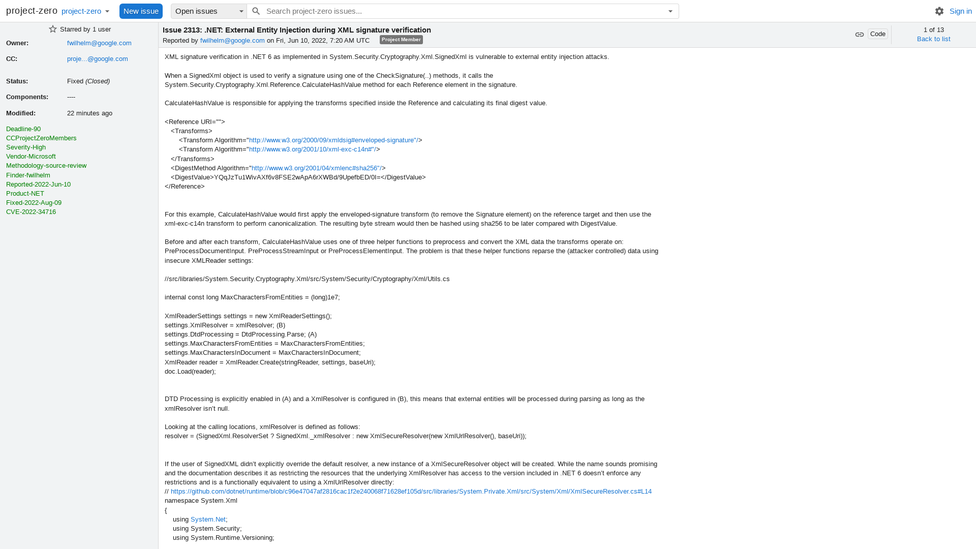 2313 - .NET: External Entity Injection during XML signature verification - project-zero