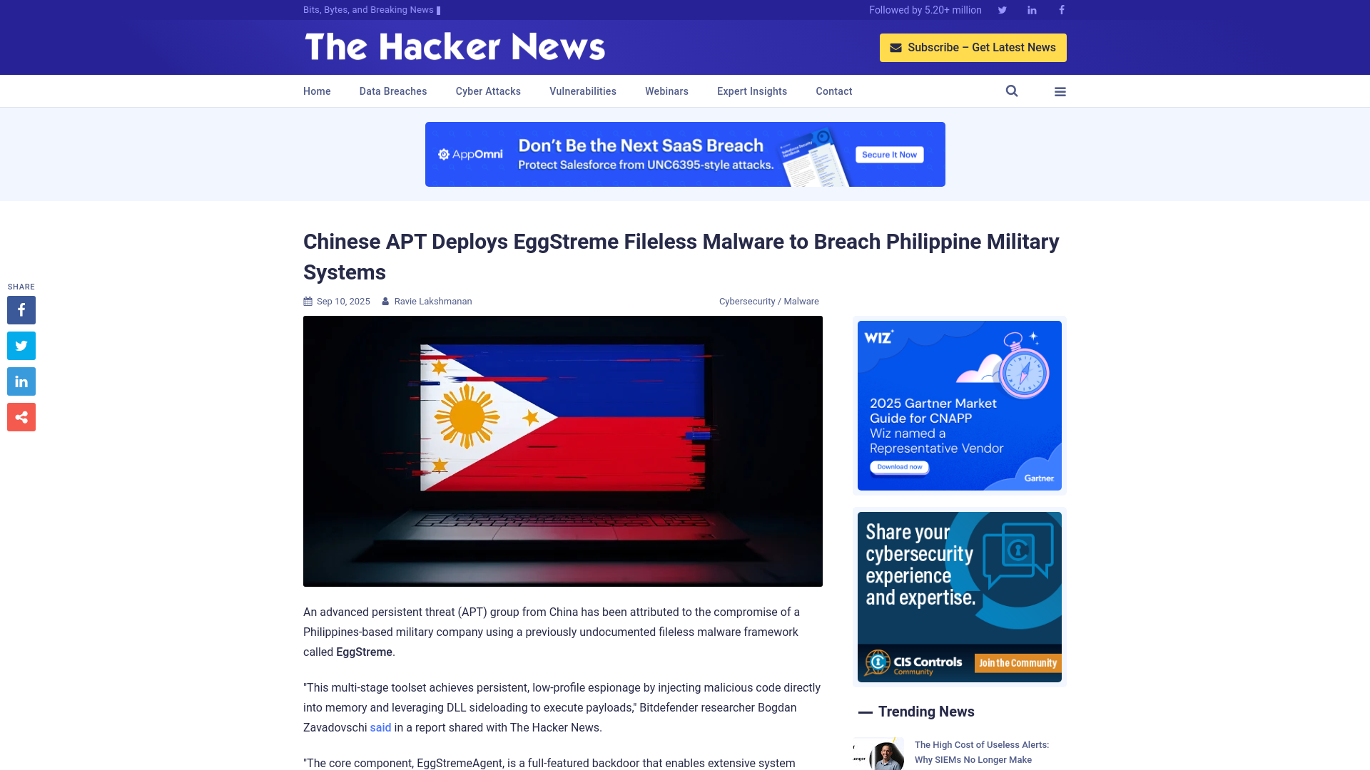 Chinese APT Deploys EggStreme Fileless Malware to Breach Philippine Military Systems