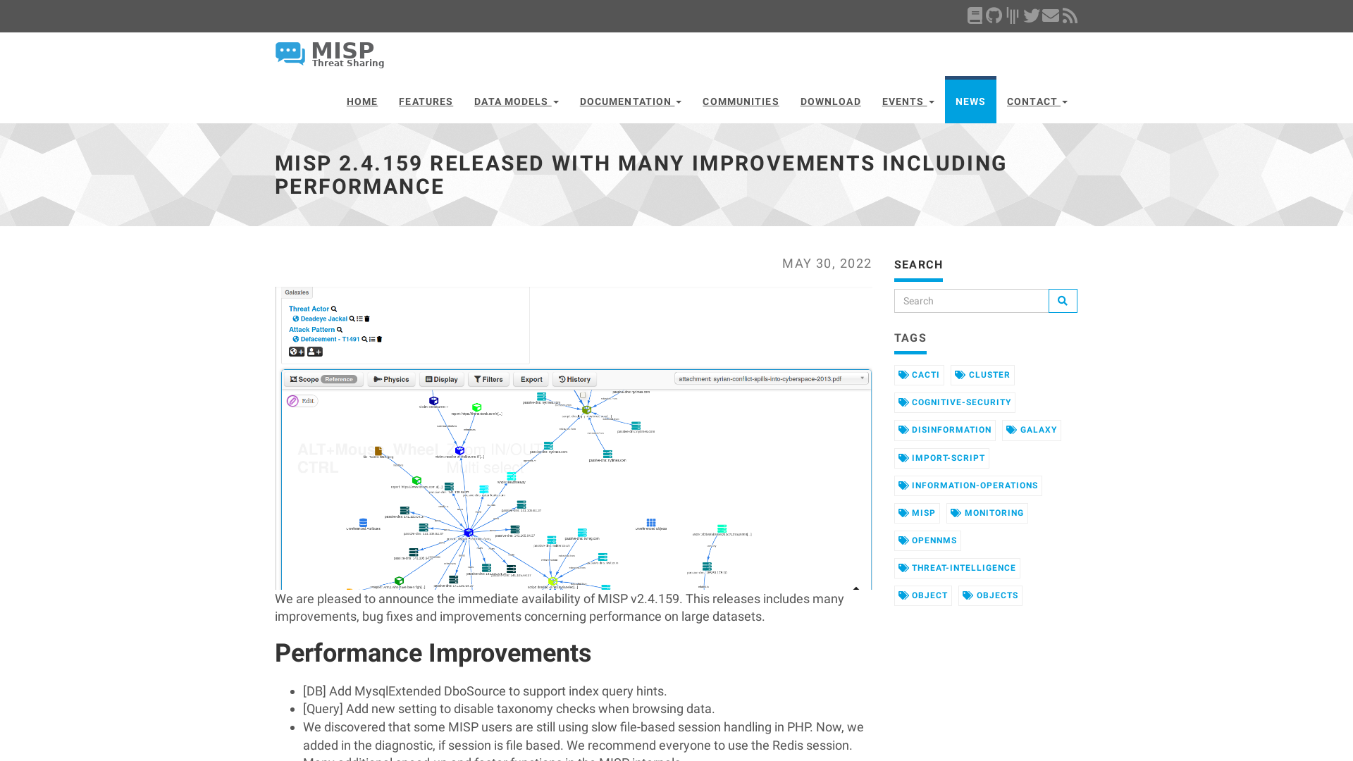 MISP 2.4.159 released with many improvements including performance