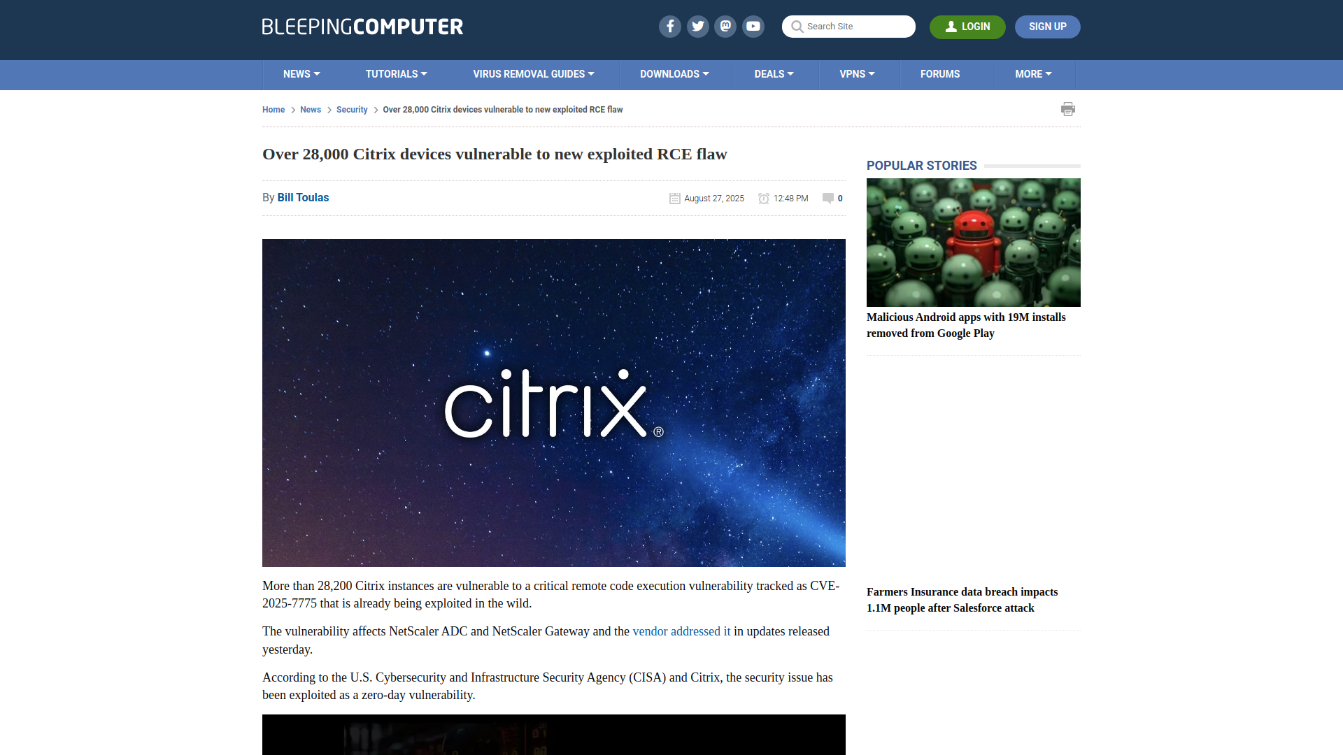 Over 28,000 Citrix devices vulnerable to new exploited RCE flaw