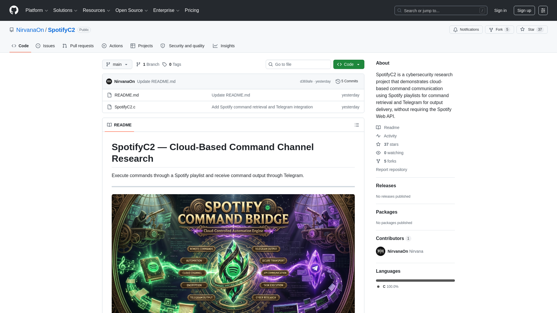 GitHub - NirvanaOn/SpotifyC2: SpotifyC2 is a cybersecurity research project that demonstrates cloud-based command communication using Spotify playlists for command retrieval and Telegram for output delivery, without requiring the Spotify Web API. · GitHub