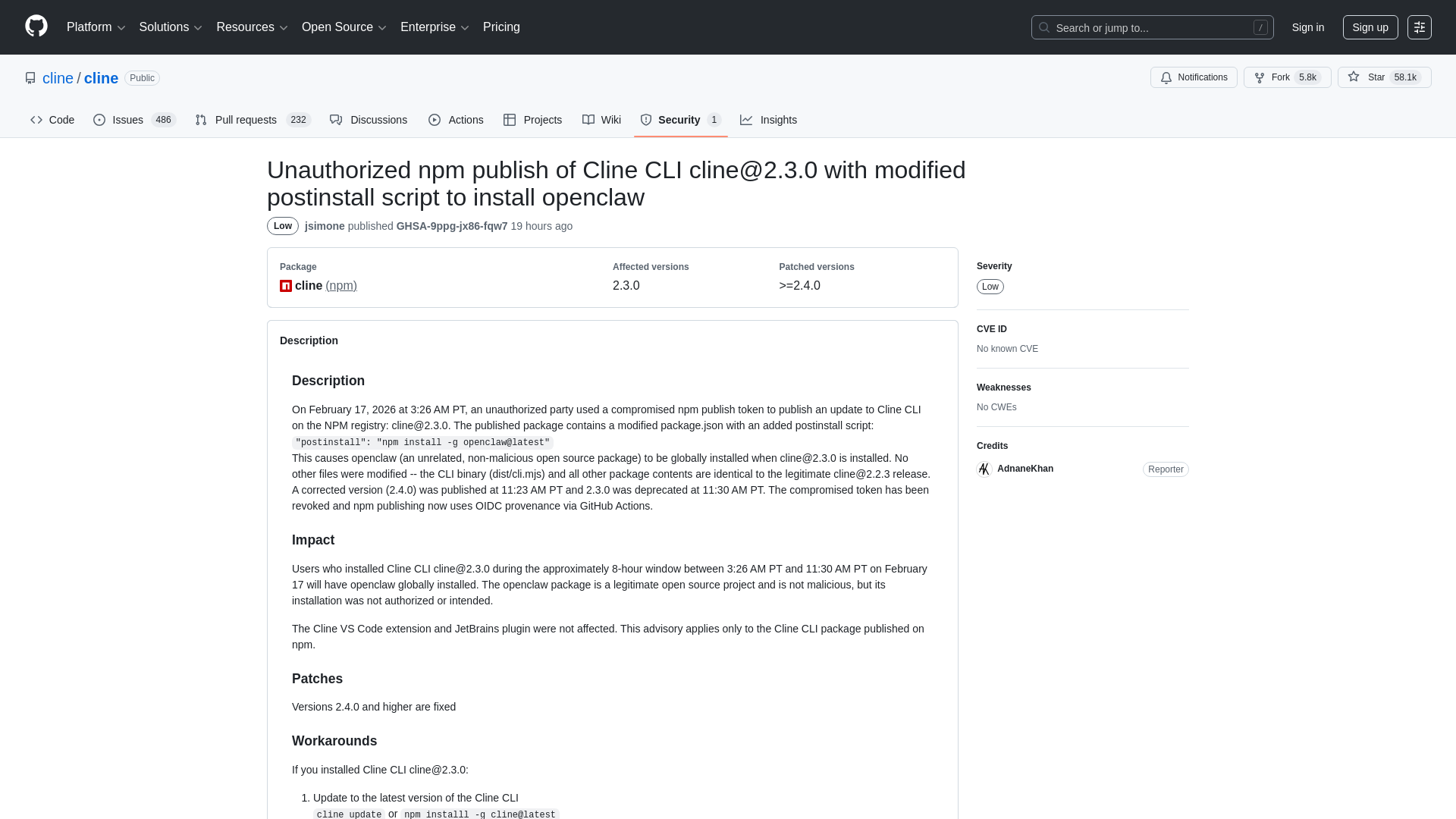 Unauthorized npm publish of Cline CLI cline@2.3.0 with modified postinstall script to install openclaw · Advisory · cline/cline · GitHub