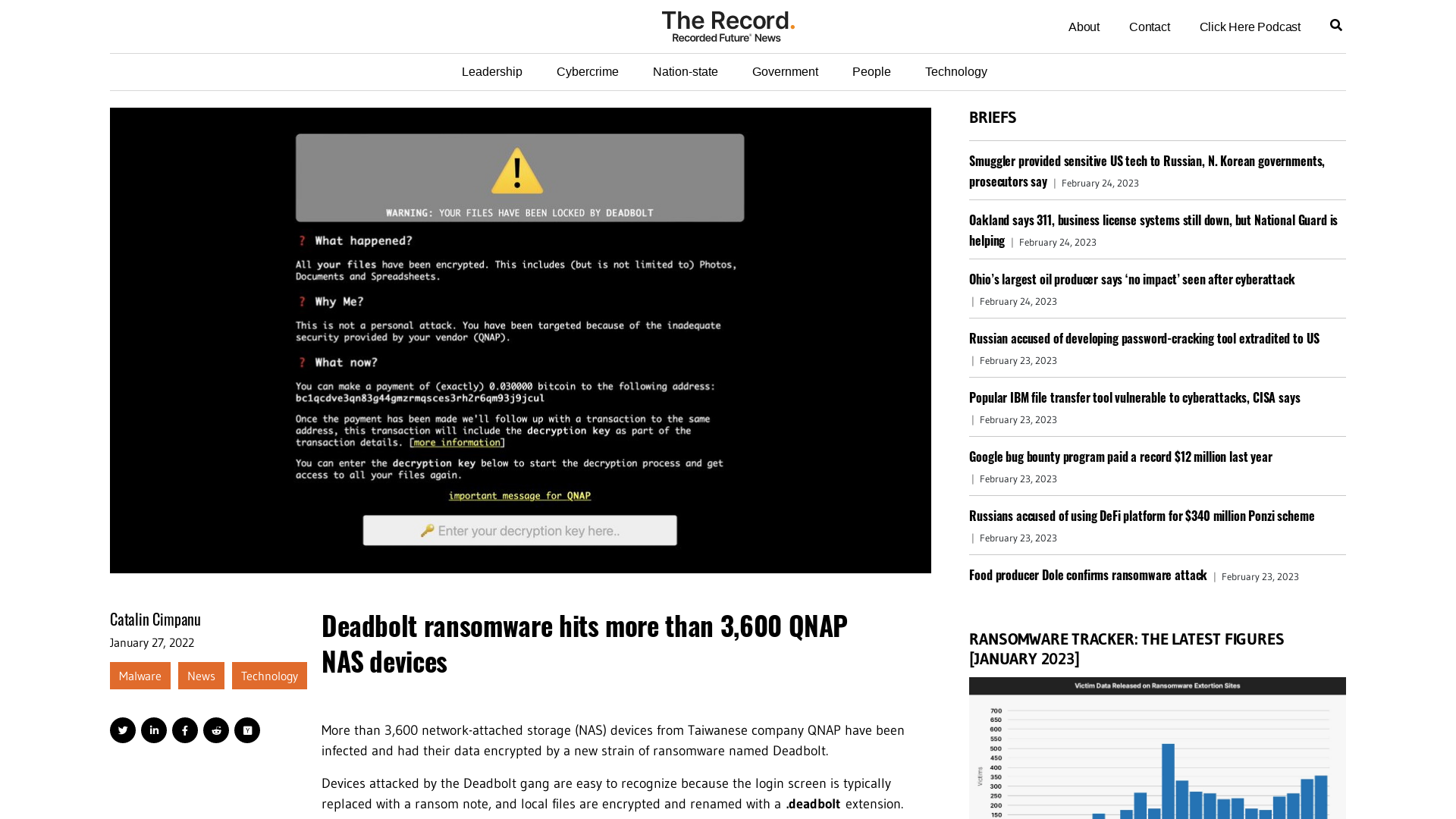 Deadbolt ransomware hits more than 3,600 QNAP NAS devices - The Record from Recorded Future News