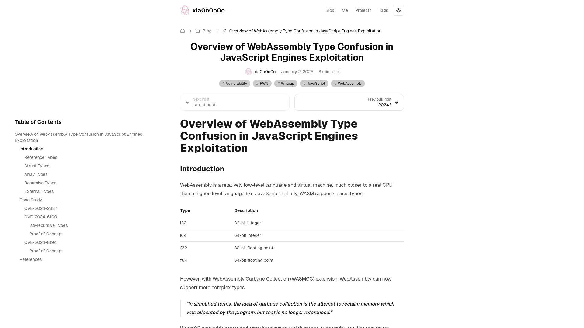 Overview of WebAssembly Type Confusion in JavaScript Engines Exploitation | xia0o0o0o