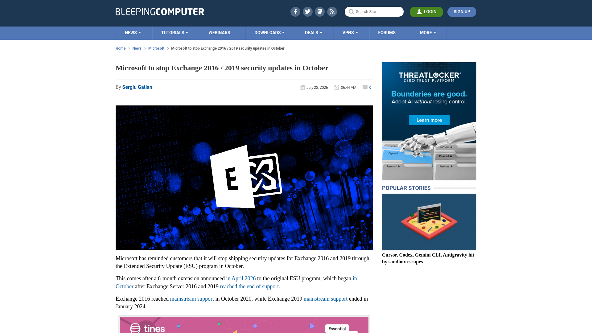 Microsoft to stop Exchange 2016 / 2019 security updates in October
