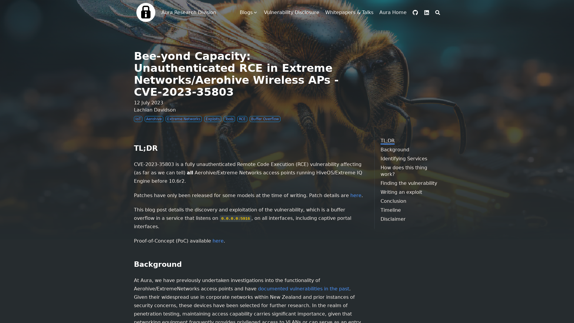Bee-yond Capacity: Unauthenticated RCE in Extreme Networks/Aerohive Wireless APs - CVE-2023-35803 · Aura Research Division