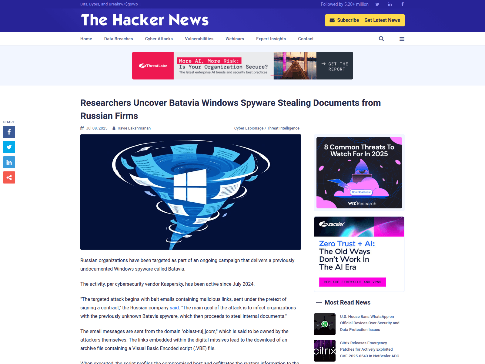 Researchers Uncover Batavia Windows Spyware Stealing Documents from Russian Firms