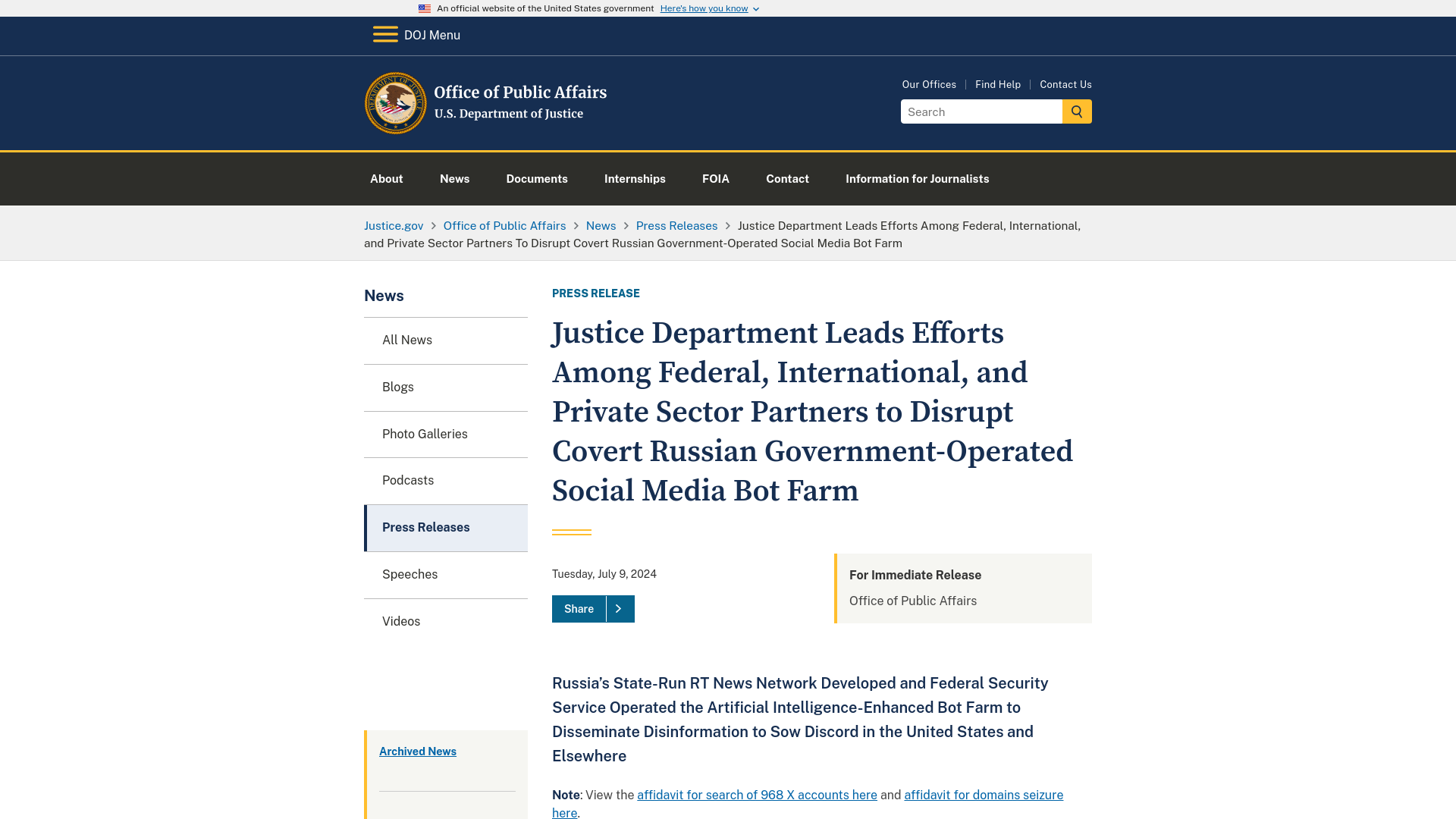 Office of Public Affairs | Justice Department Leads Efforts Among Federal, International, and Private Sector Partners to Disrupt Covert Russian Government-Operated Social Media Bot Farm | United States Department of Justice