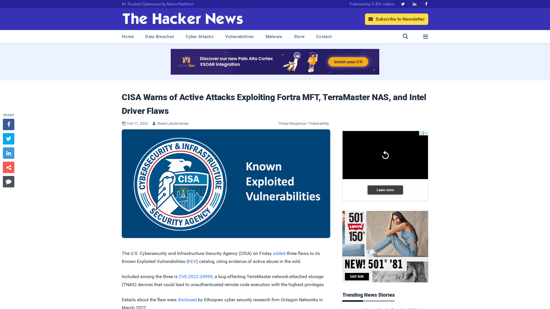 CISA Warns of Active Attacks Exploiting Fortra MFT, TerraMaster NAS, and Intel Driver Flaws