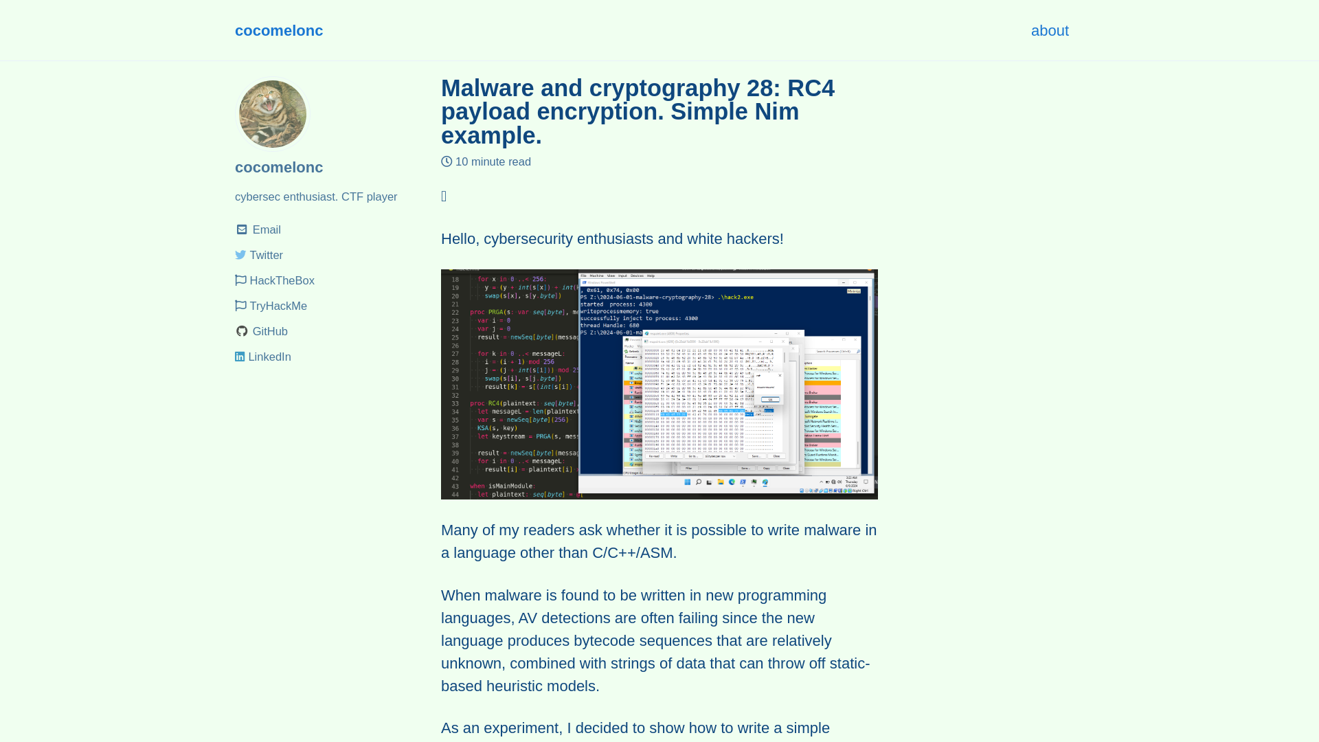 Malware and cryptography 28: RC4 payload encryption. Simple Nim example. - cocomelonc