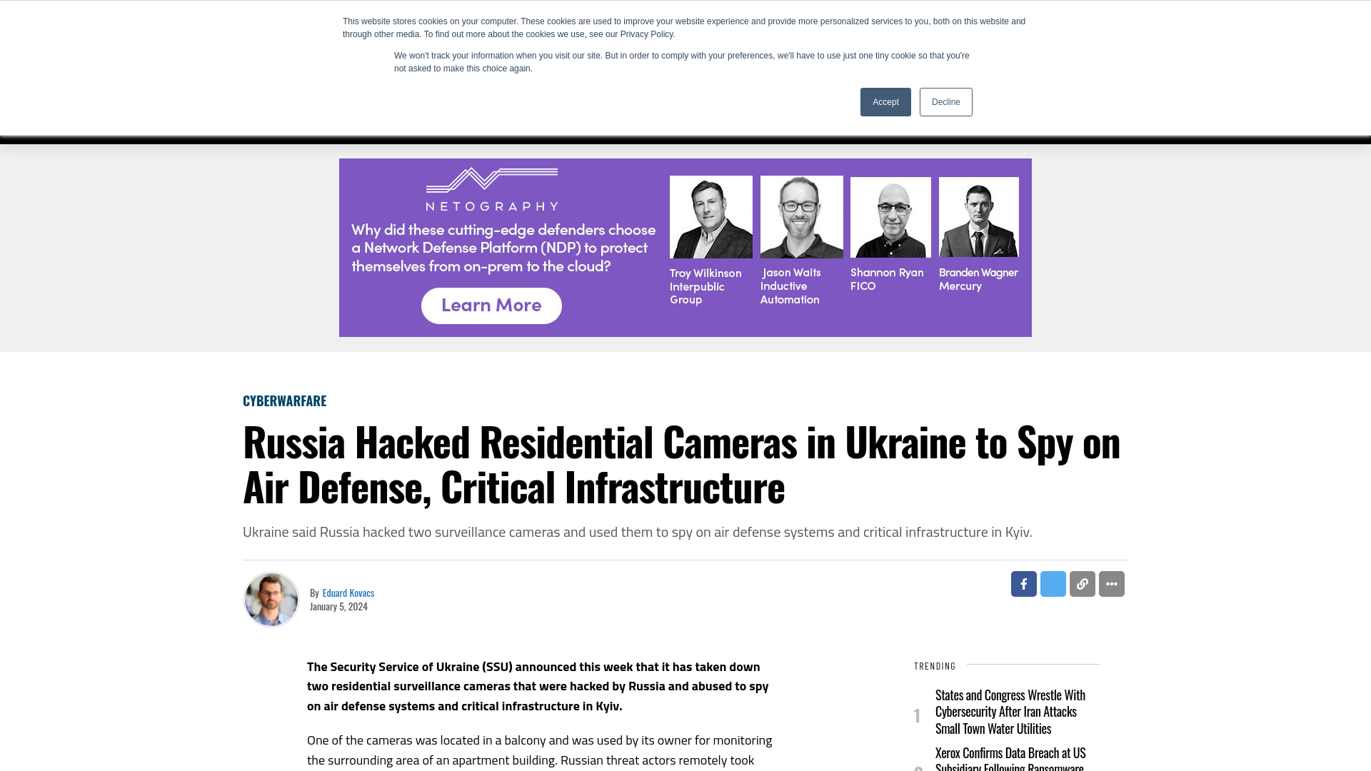 Russia Hacked Residential Cameras in Ukraine to Spy on Air Defense, Critical Infrastructure - SecurityWeek