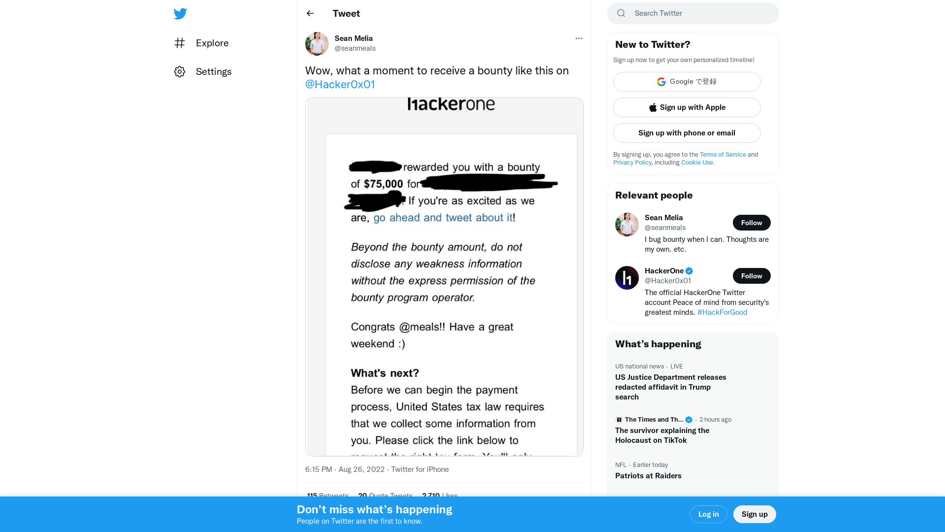 Sean Melia on Twitter: "Wow, what a moment to receive a bounty like this on @Hacker0x01 https://t.co/wqKDZZlpYb" / Twitter