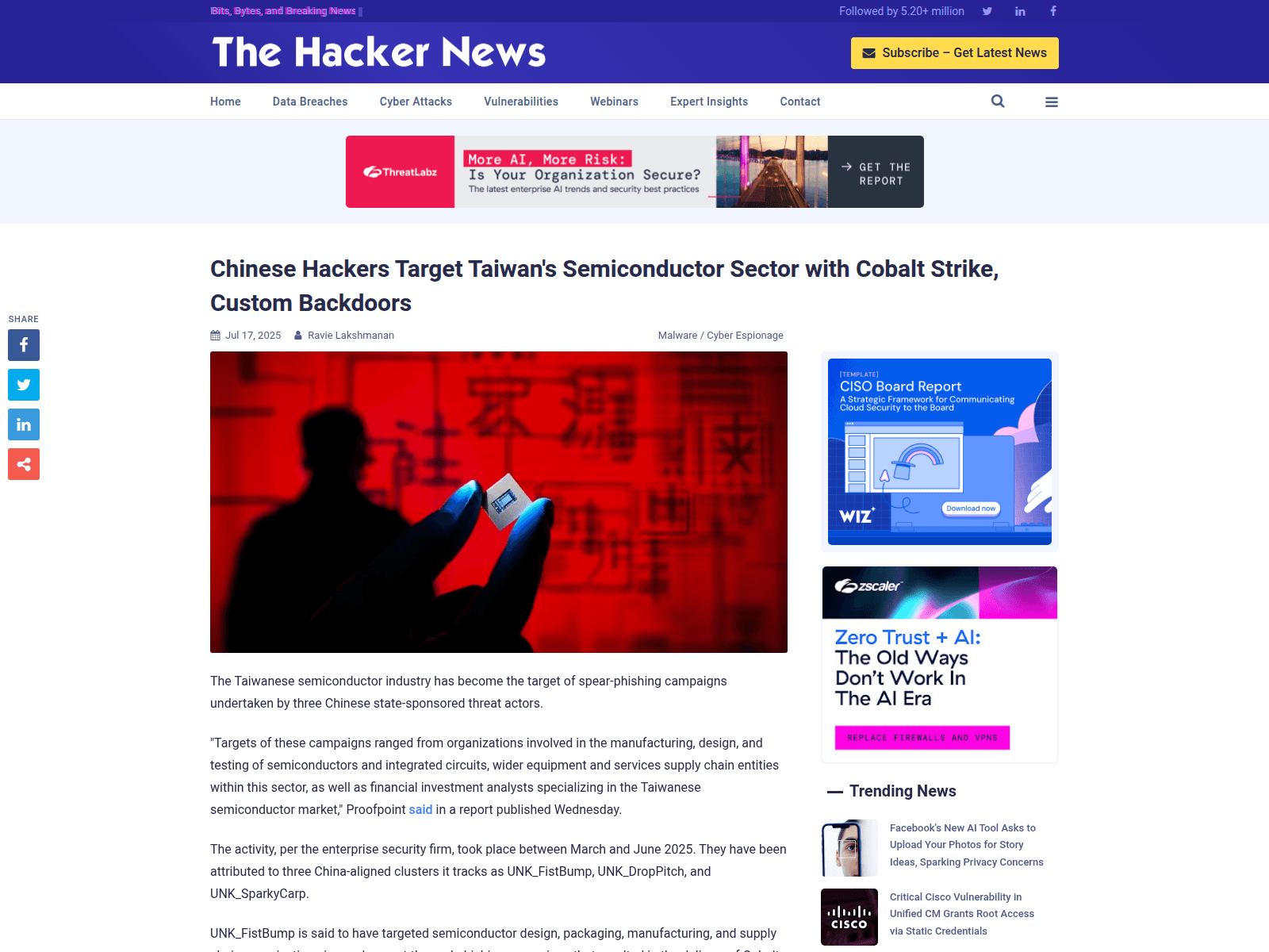 Chinese Hackers Target Taiwan's Semiconductor Sector with Cobalt Strike, Custom Backdoors