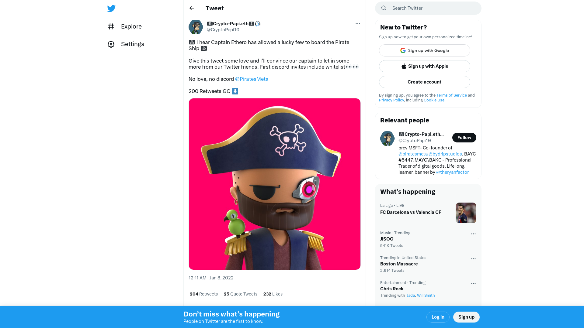 🏴‍☠️Crypto-Papi.eth🏴‍☠️🎧 on Twitter: "🏴‍☠️ I hear Captain Ethero has allowed a lucky few to board the Pirate Ship 🏴‍☠️ Give this tweet some love and I'll convince our captain to let in some more from our Twitter friends. First discord invites include whitelist👀👀 No love, no discord @PiratesMeta 200 Retweets GO ⬇️ https://t.co/bHtOSIprox" / Twitter