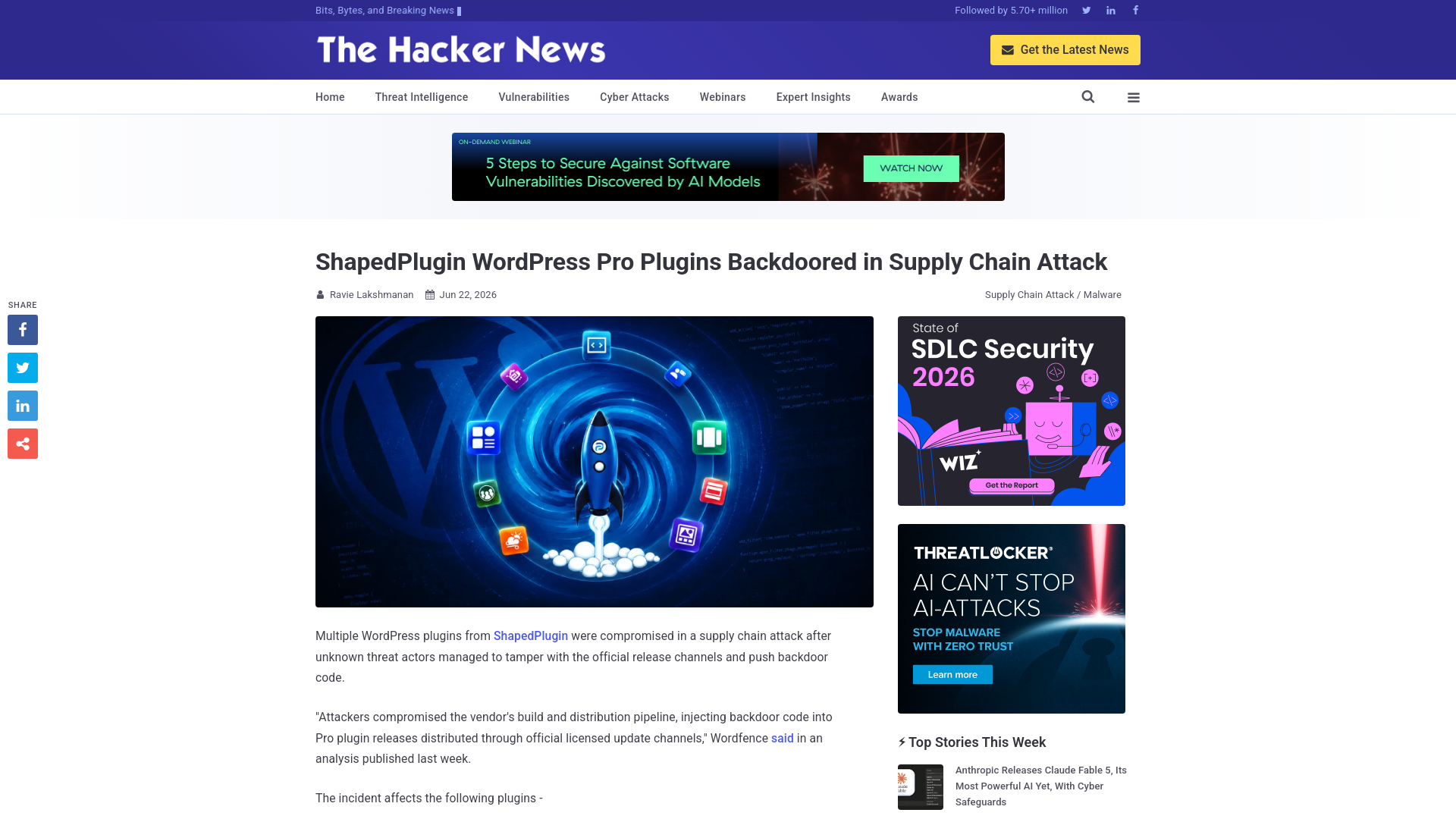 ShapedPlugin WordPress Pro Plugins Backdoored in Supply Chain Attack