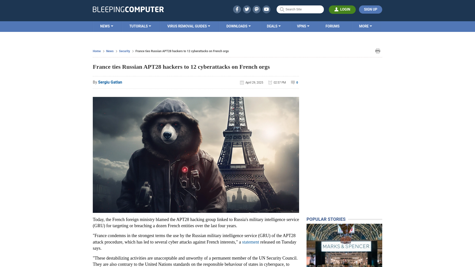 France ties Russian APT28 hackers to 12 cyberattacks on French orgs