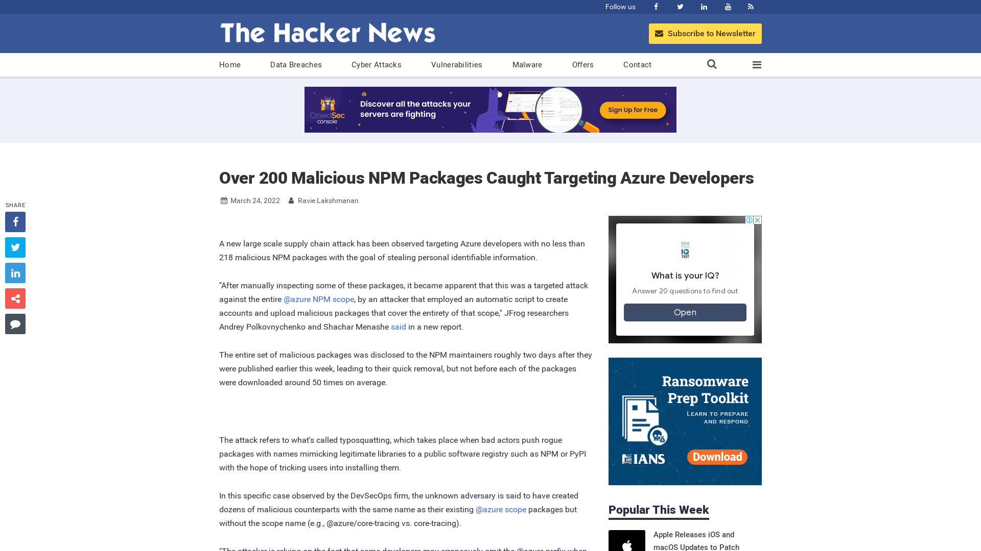 Over 200 Malicious NPM Packages Caught Targeting Azure Developers