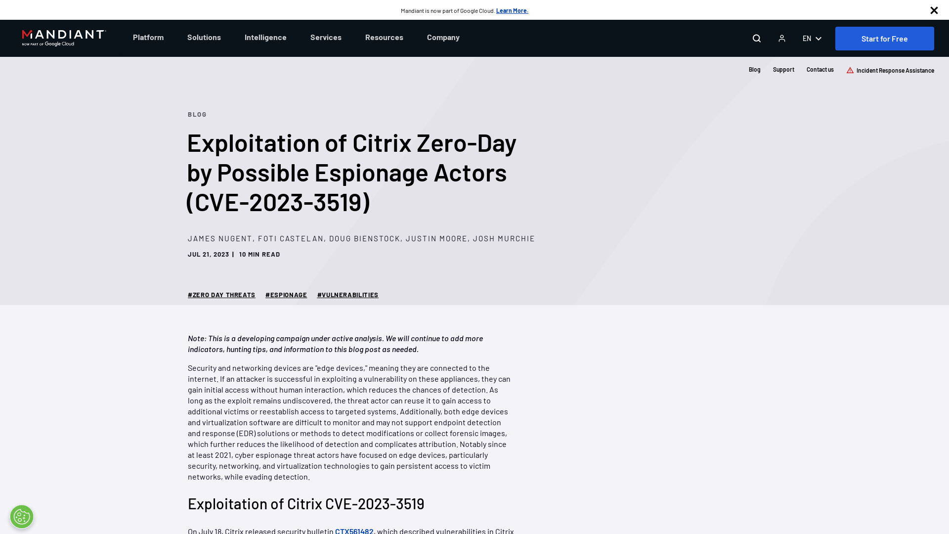 Exploitation of Citrix Zero-Day by Possible Espionage Actors (CVE-2023-3519) | Mandiant