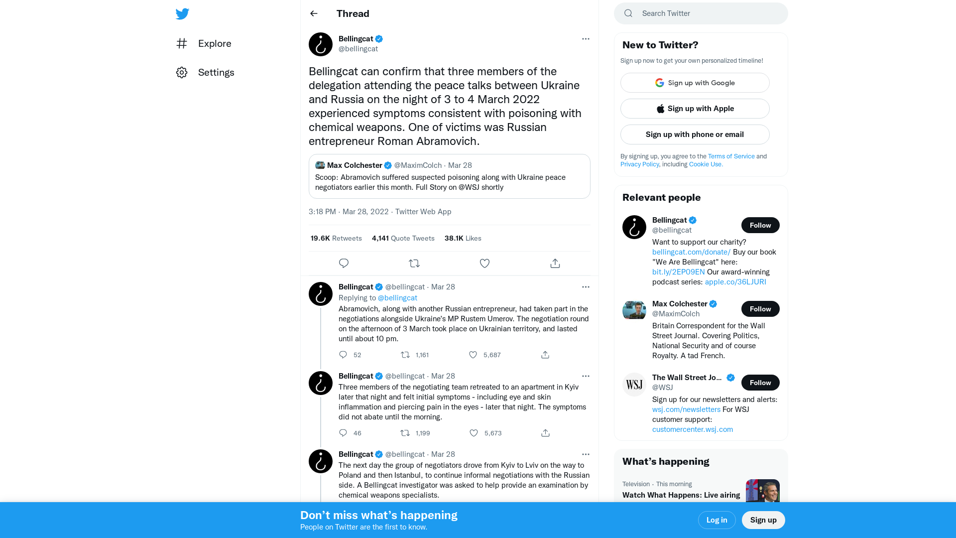 Bellingcat on Twitter: "Bellingcat can confirm that three members of the delegation attending the peace talks between Ukraine and Russia on the night of 3 to 4 March 2022 experienced symptoms consistent with poisoning with chemical weapons. One of victims was Russian entrepreneur Roman Abramovich." / Twitter