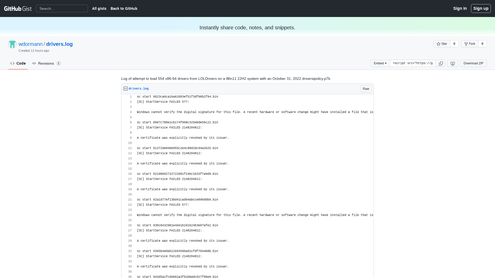 Log of attempt to load 554 x86-64 drivers from LOLDrivers on a Win11 22H2 system with an October 31, 2022 driversipolicy.p7b · GitHub