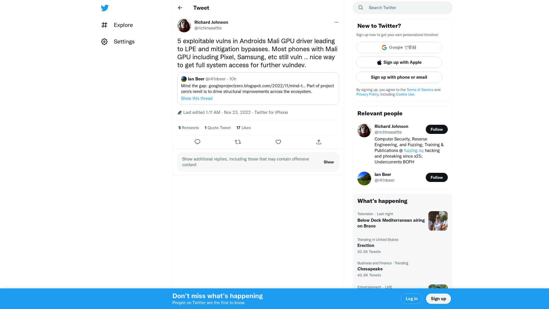 Richard Johnson on Twitter: "5 exploitable vulns in Androids Mali GPU driver leading to LPE and mitigation bypasses. Most phones with Mali GPU including Pixel, Samsung, etc still vuln .. nice way to get full system access for further vulndev." / Twitter