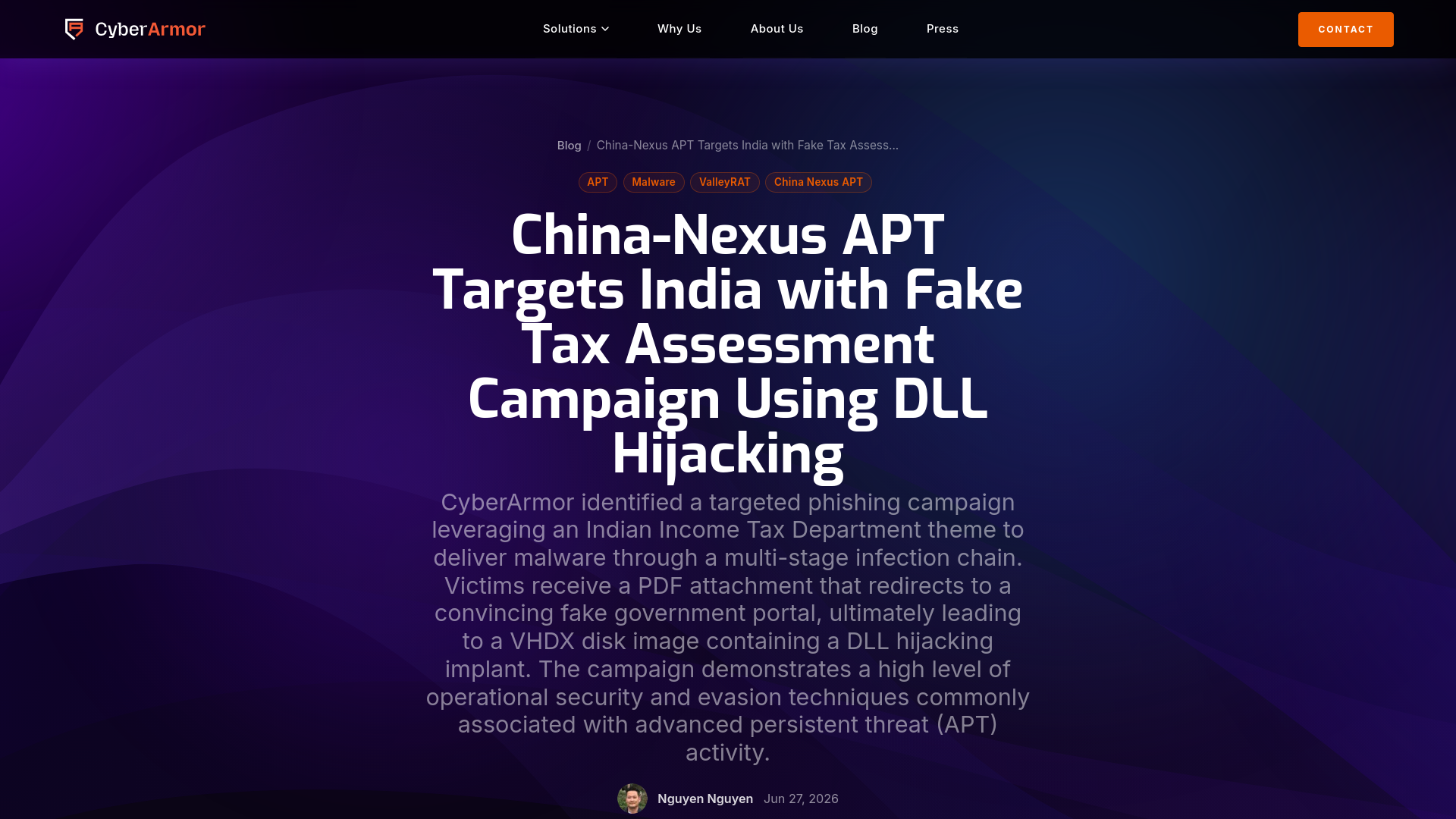 China-Nexus APT Targets India with Fake Tax Assessment Campaign Using DLL Hijacking | CyberArmor Blog | CyberArmor