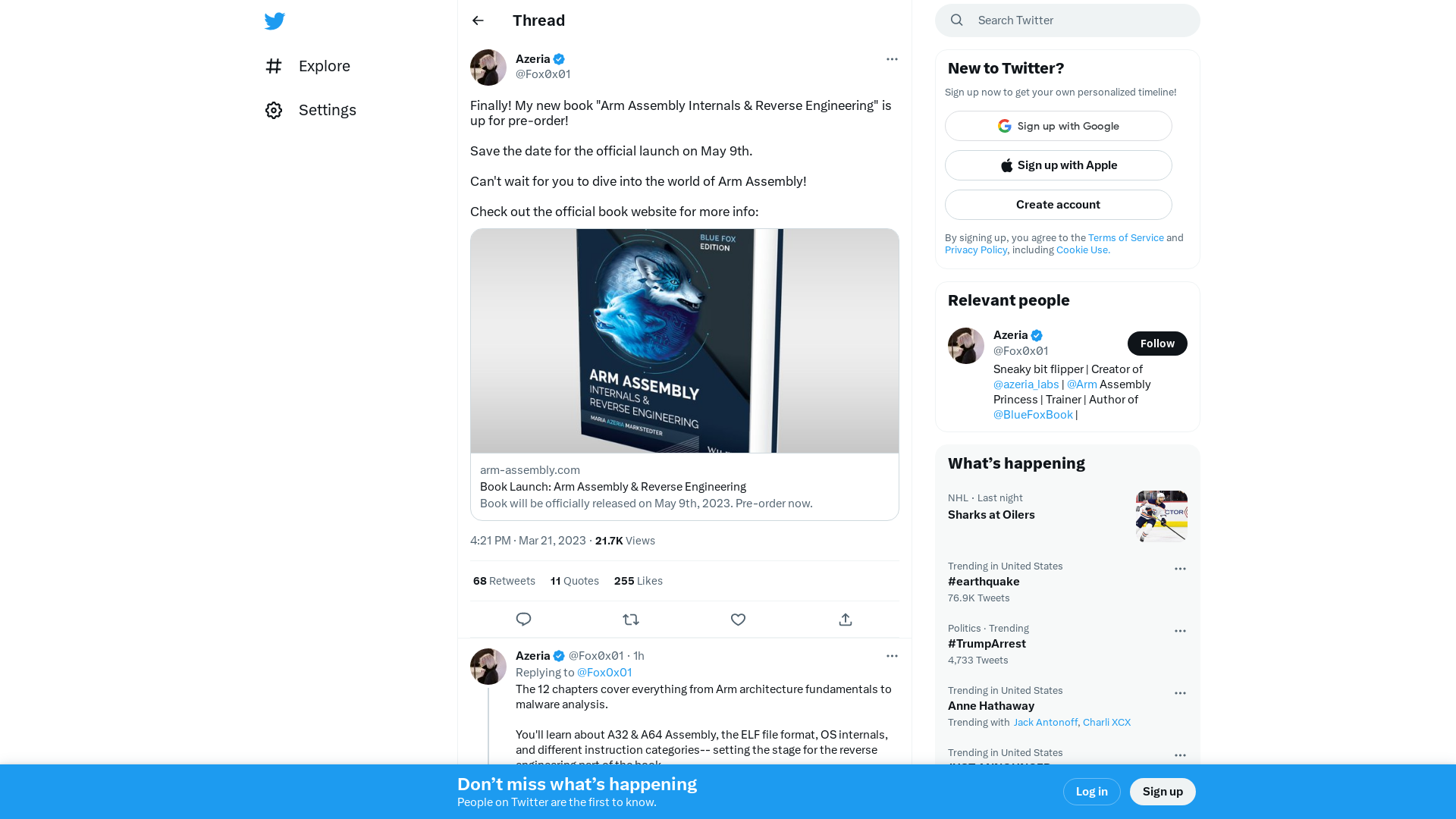 Azeria on Twitter: "Finally! My new book "Arm Assembly Internals &amp; Reverse Engineering" is up for pre-order! Save the date for the official launch on May 9th. Can't wait for you to dive into the world of Arm Assembly! Check out the official book website for more info: https://t.co/ZdtfY6GwoK" / Twitter