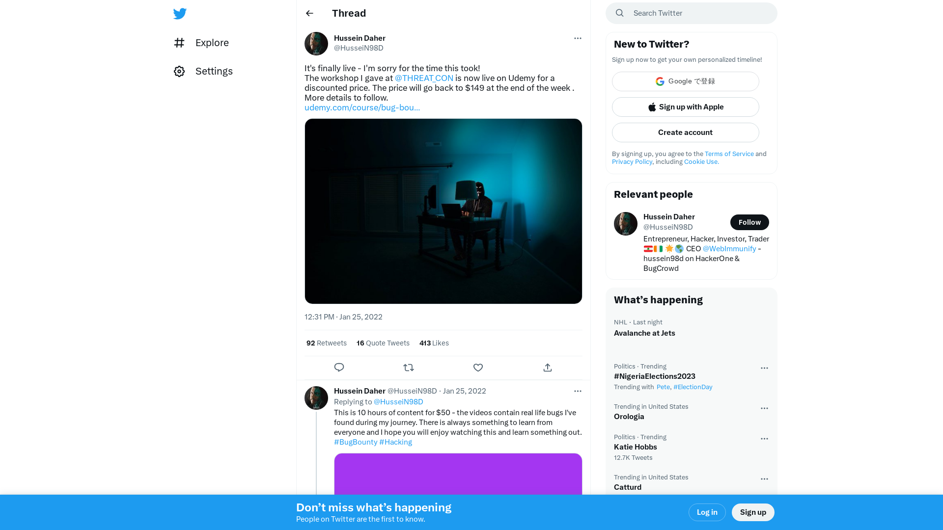 Hussein Daher on Twitter: "It's finally live - I'm sorry for the time this took! The workshop I gave at @THREAT_CON is now live on Udemy for a discounted price. The price will go back to $149 at the end of the week . More details to follow. https://t.co/7LoaJOwhzH https://t.co/aRmDI6QAam" / Twitter
