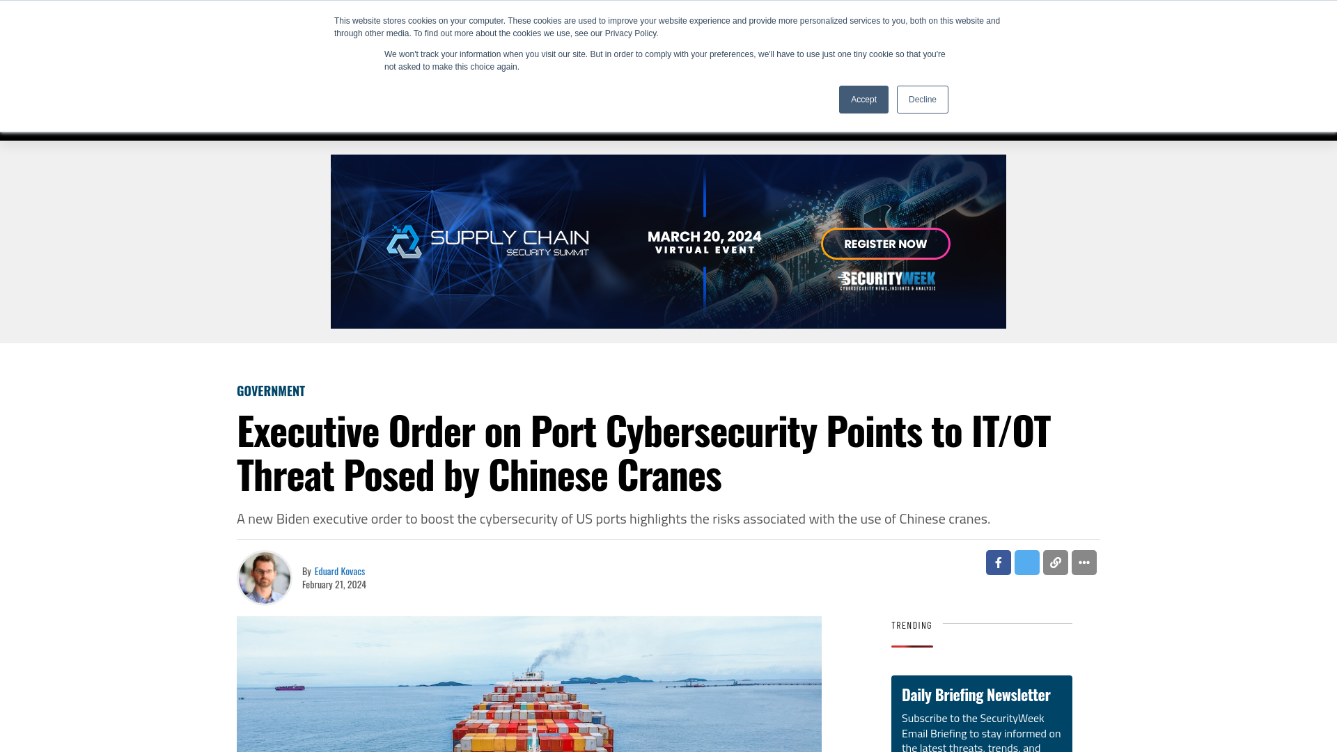 Executive Order on Port Cybersecurity Points to IT/OT Threat Posed by Chinese Cranes - SecurityWeek