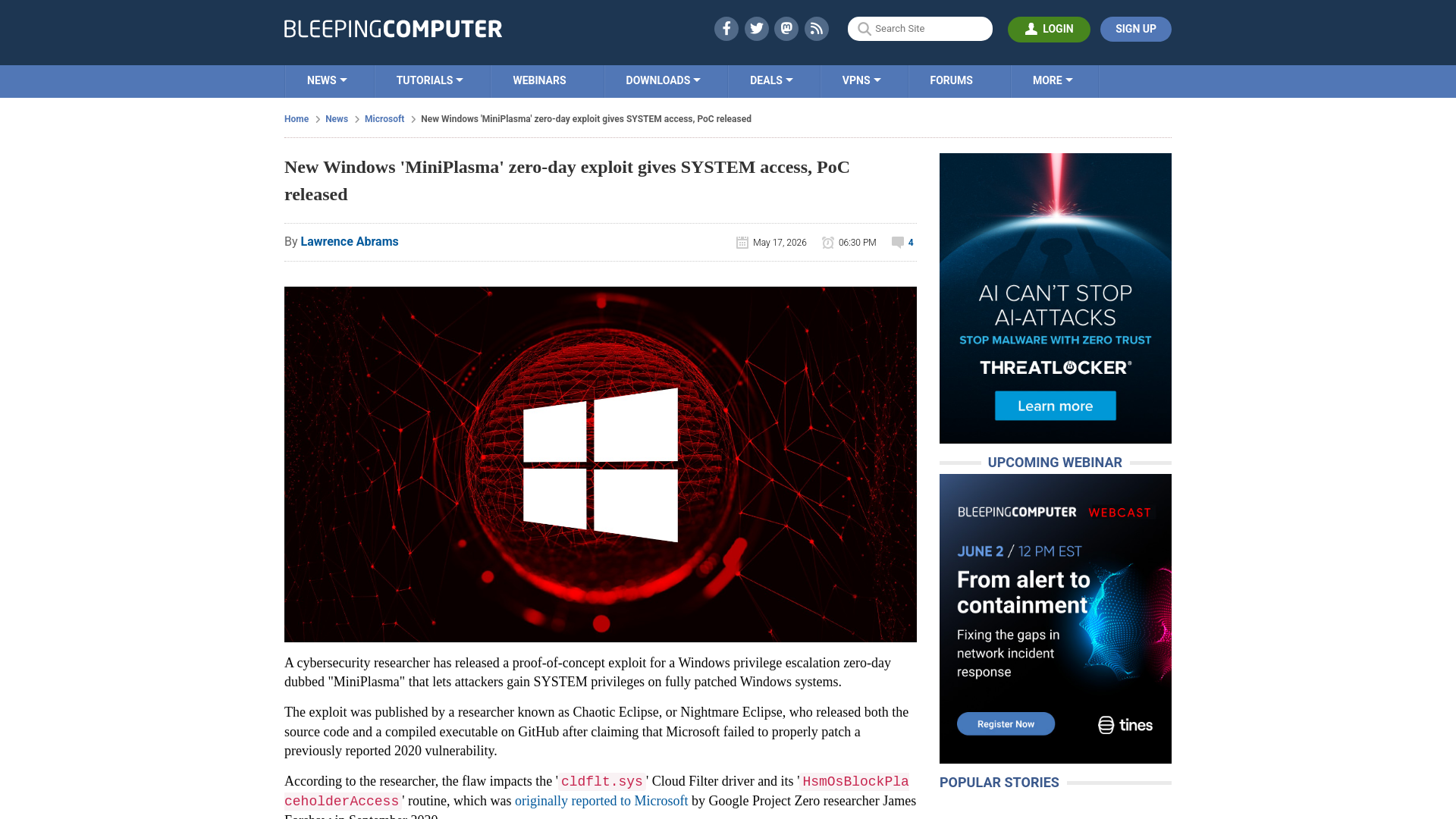 New Windows 'MiniPlasma' zero-day exploit gives SYSTEM access, PoC released