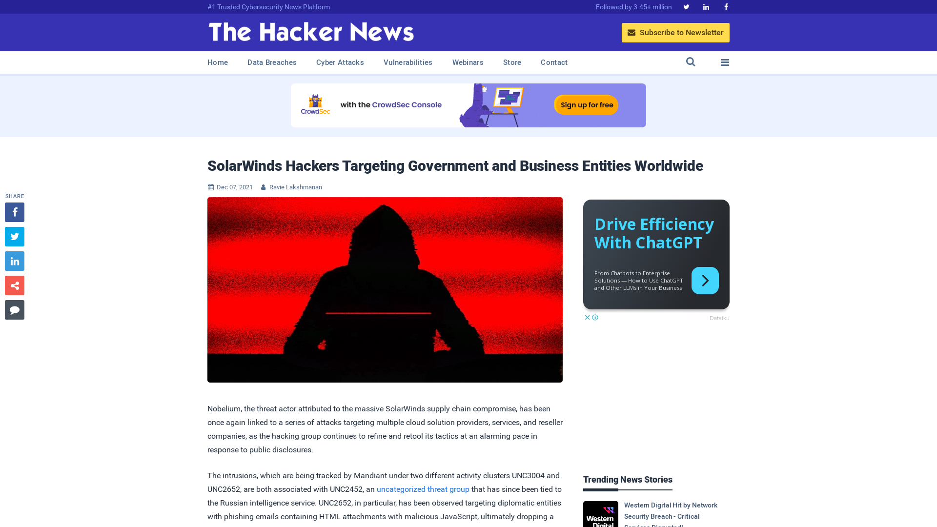 SolarWinds Hackers Targeting Government and Business Entities Worldwide