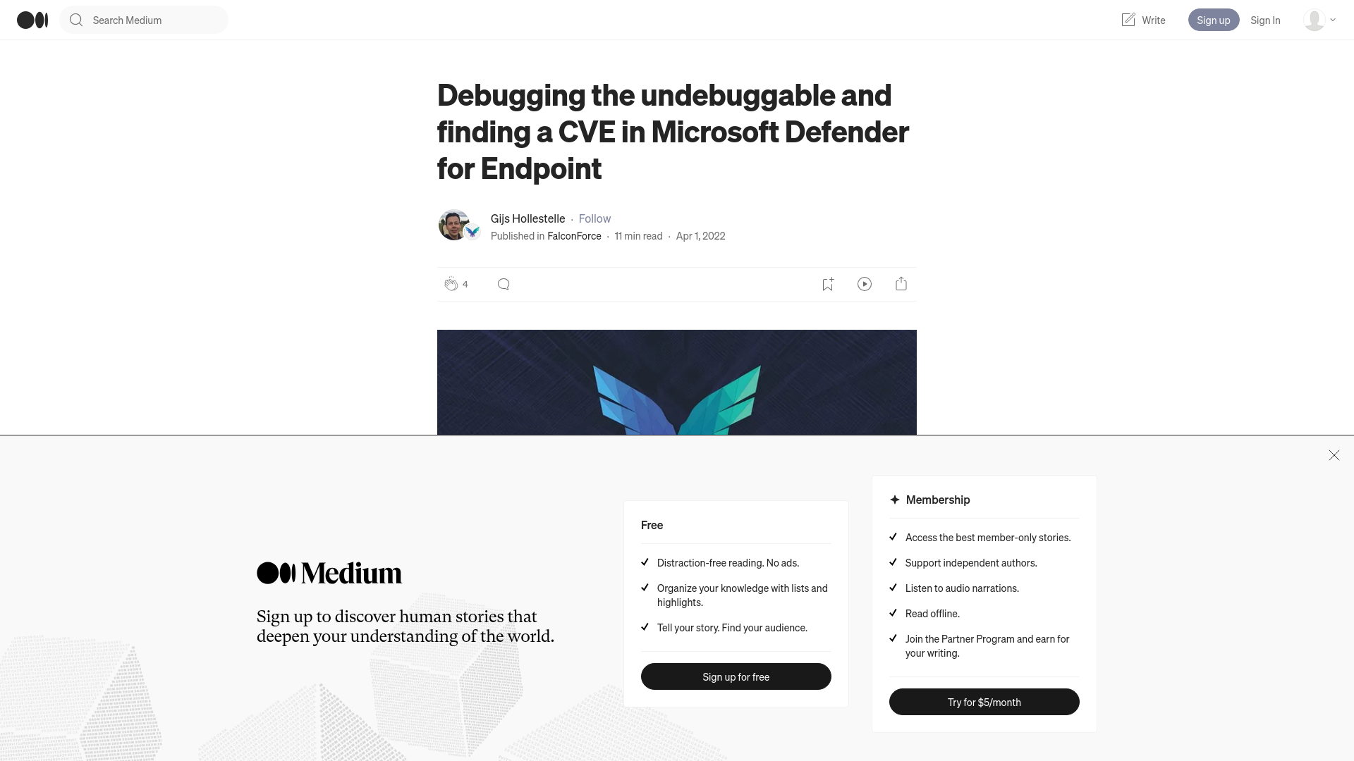Debugging the undebuggable and finding a CVE in Microsoft Defender for Endpoint | by Gijs Hollestelle | FalconForce | Medium