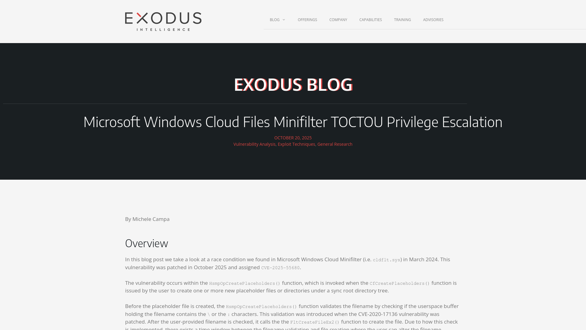 Microsoft Windows Cloud Files Minifilter TOCTOU Privilege Escalation - Exodus Intelligence