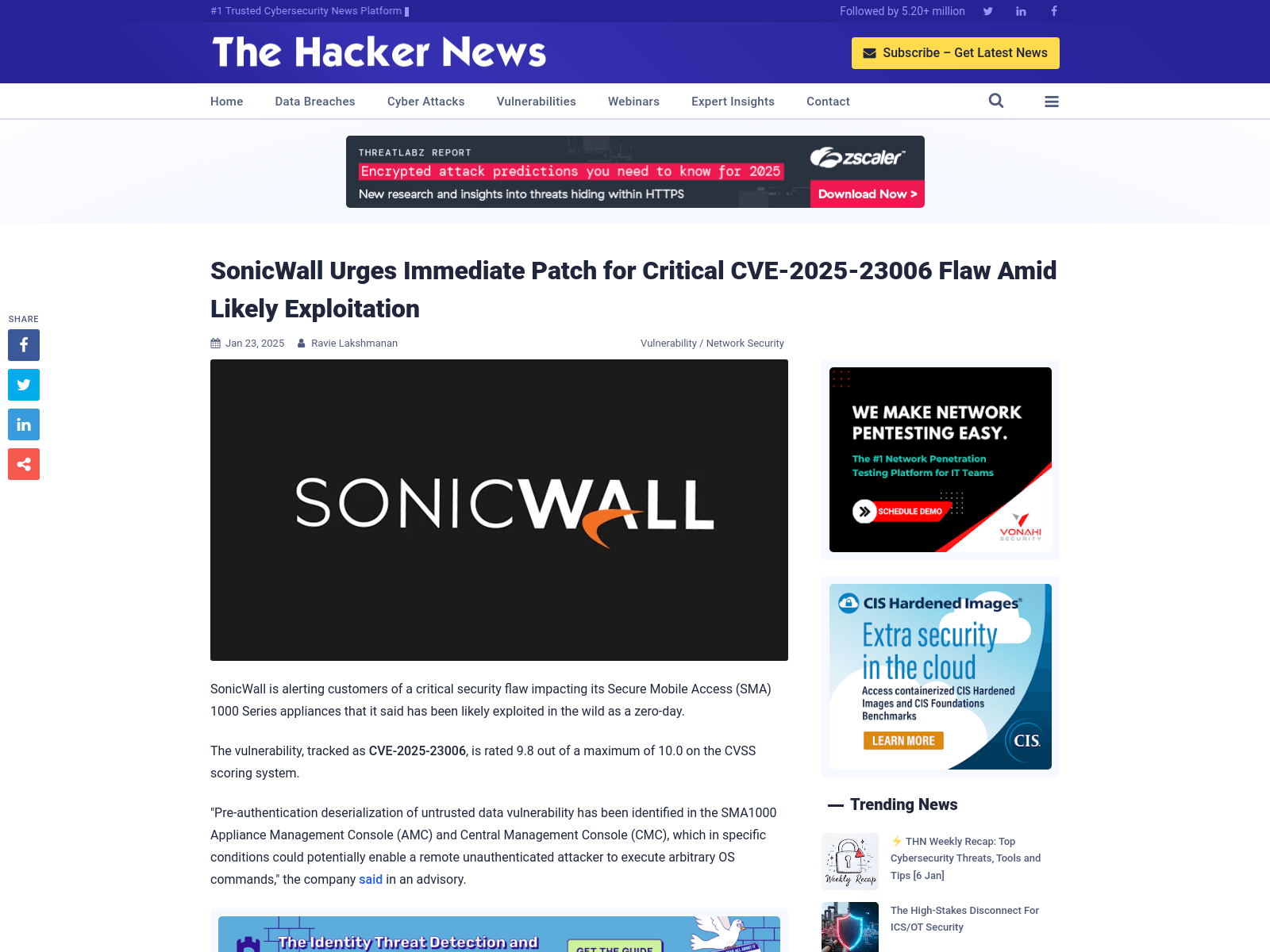 SonicWall Urges Immediate Patch for Critical CVE-2025-23006 Flaw Amid Likely Exploitation