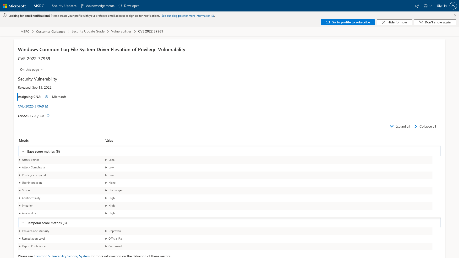 CVE-2022-37969 - Security Update Guide - Microsoft - Windows Common Log File System Driver Elevation of Privilege Vulnerability