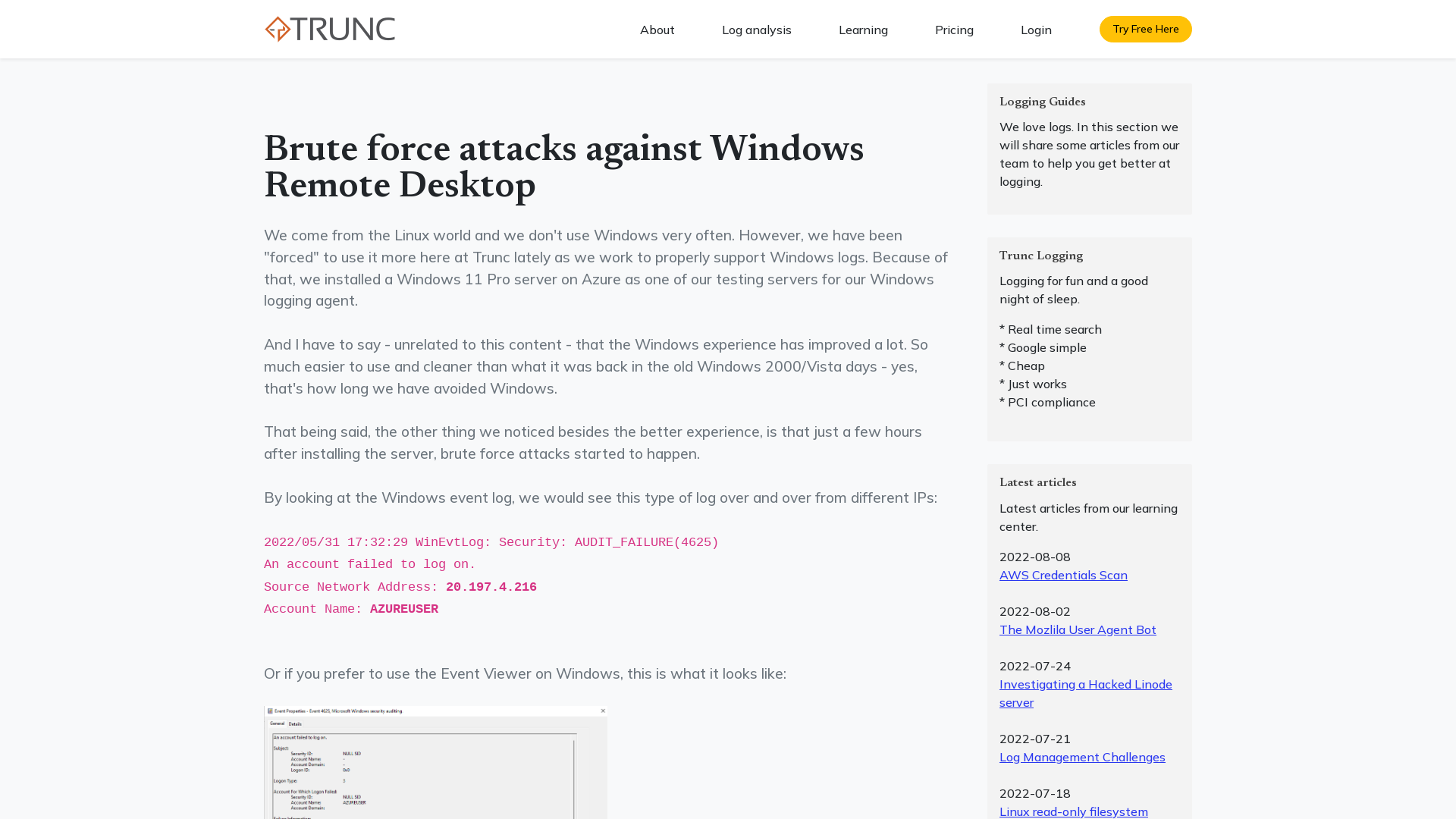 Brute force attacks against Windows Remote Desktop